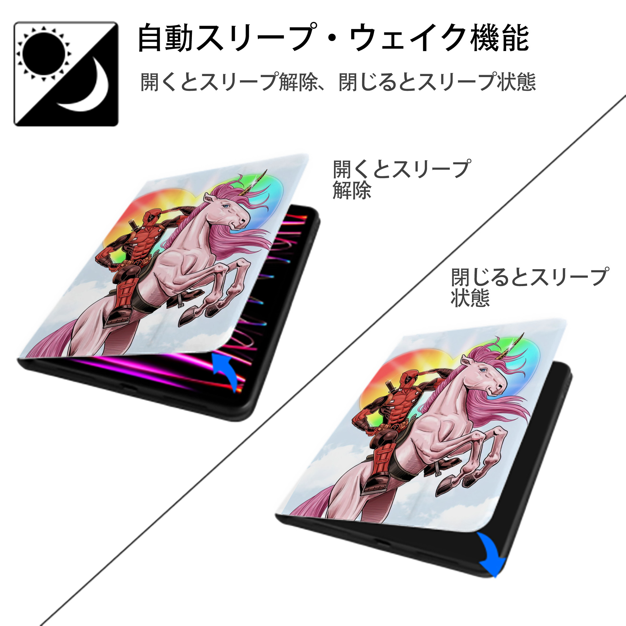 Deadpool デッドプール IPad ケース ペン収納付き 三つ折りスタンド PUレザー×シリコン 対応機種9.5/10.5/10.9インチ
