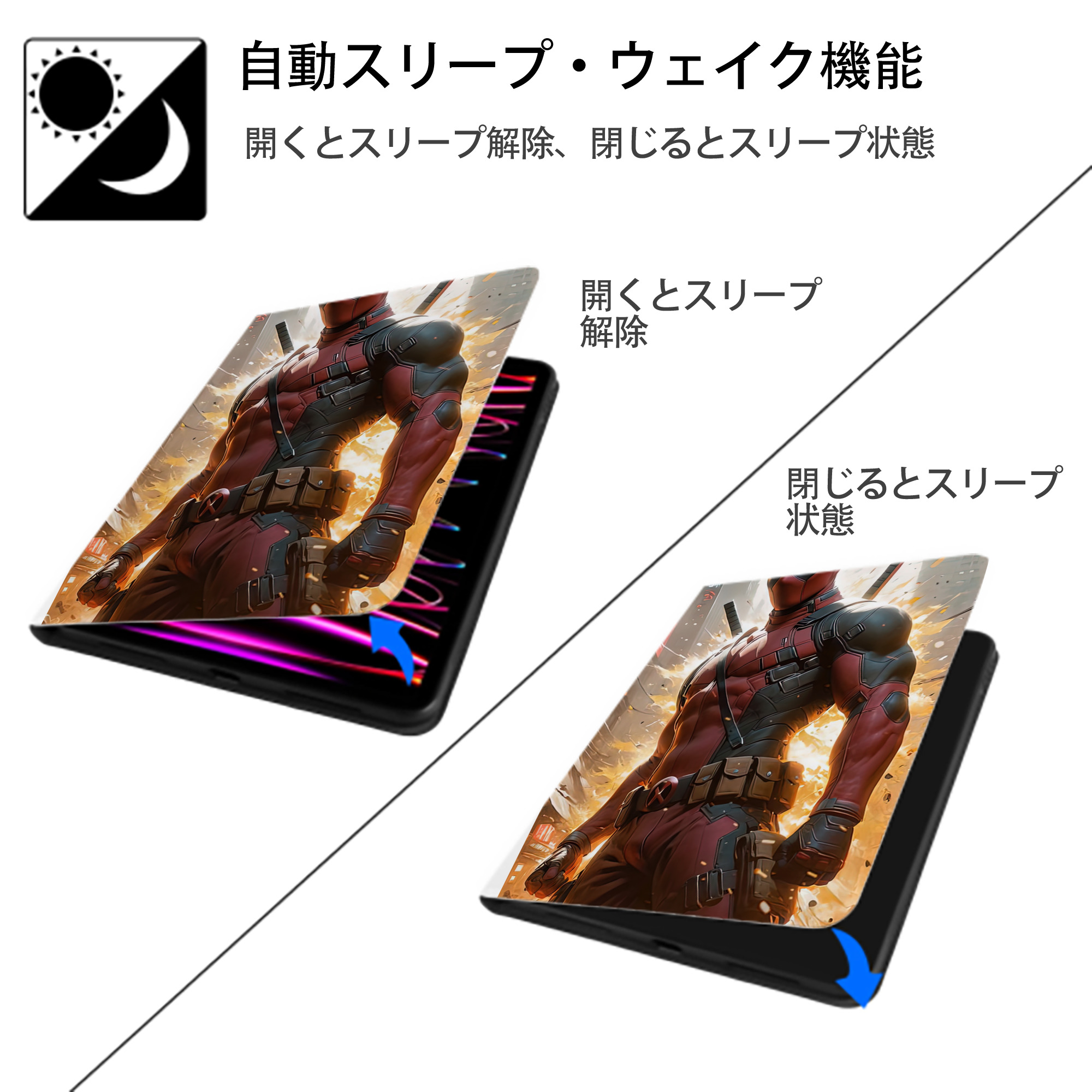 Deadpool デッドプール IPad ケース ペン収納付き 三つ折りスタンド PUレザー×シリコン 対応機種9.5/10.5/10.9インチ