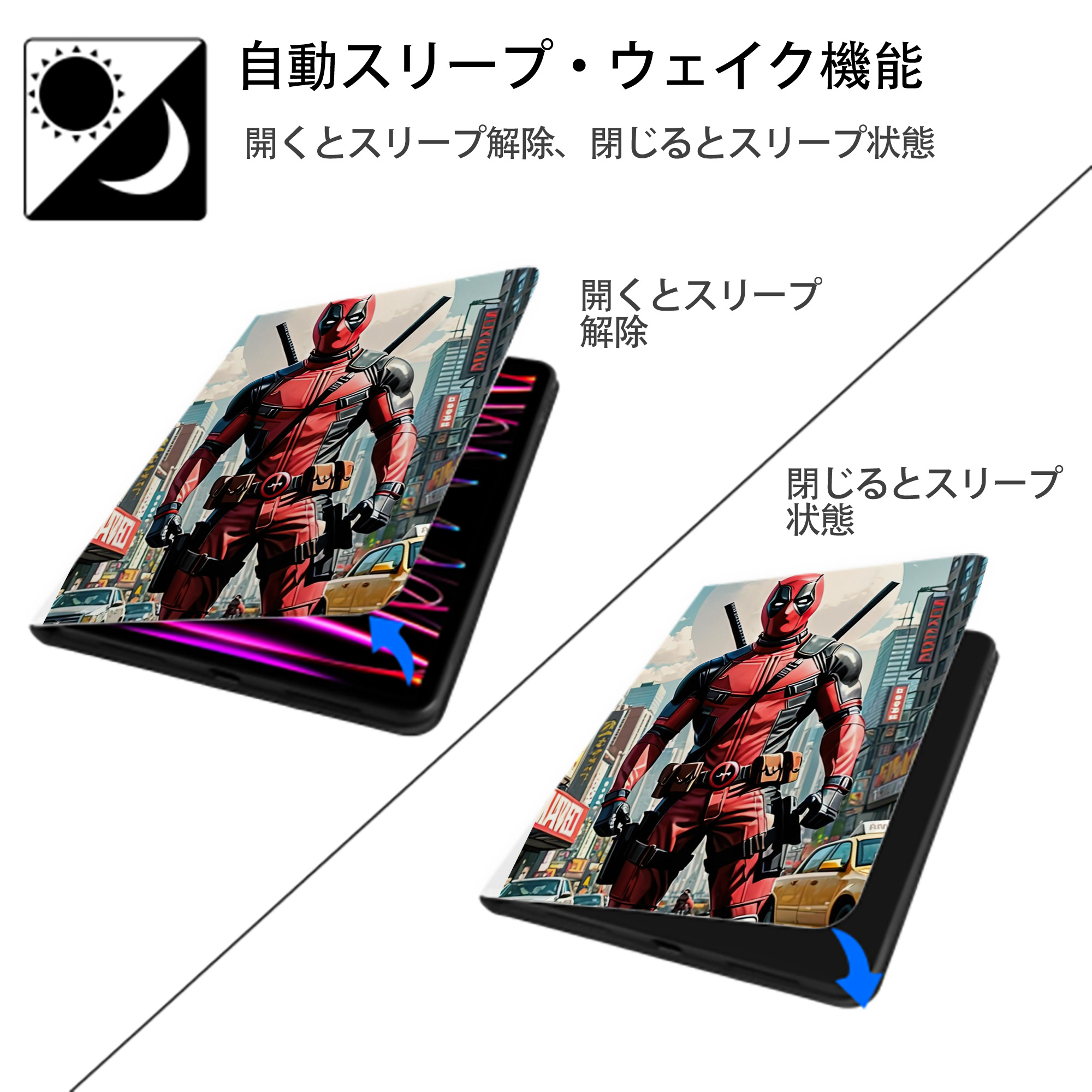 Deadpool デッドプール IPad ケース ペン収納付き 三つ折りスタンド PUレザー×シリコン 対応機種9.5/10.5/10.9インチ