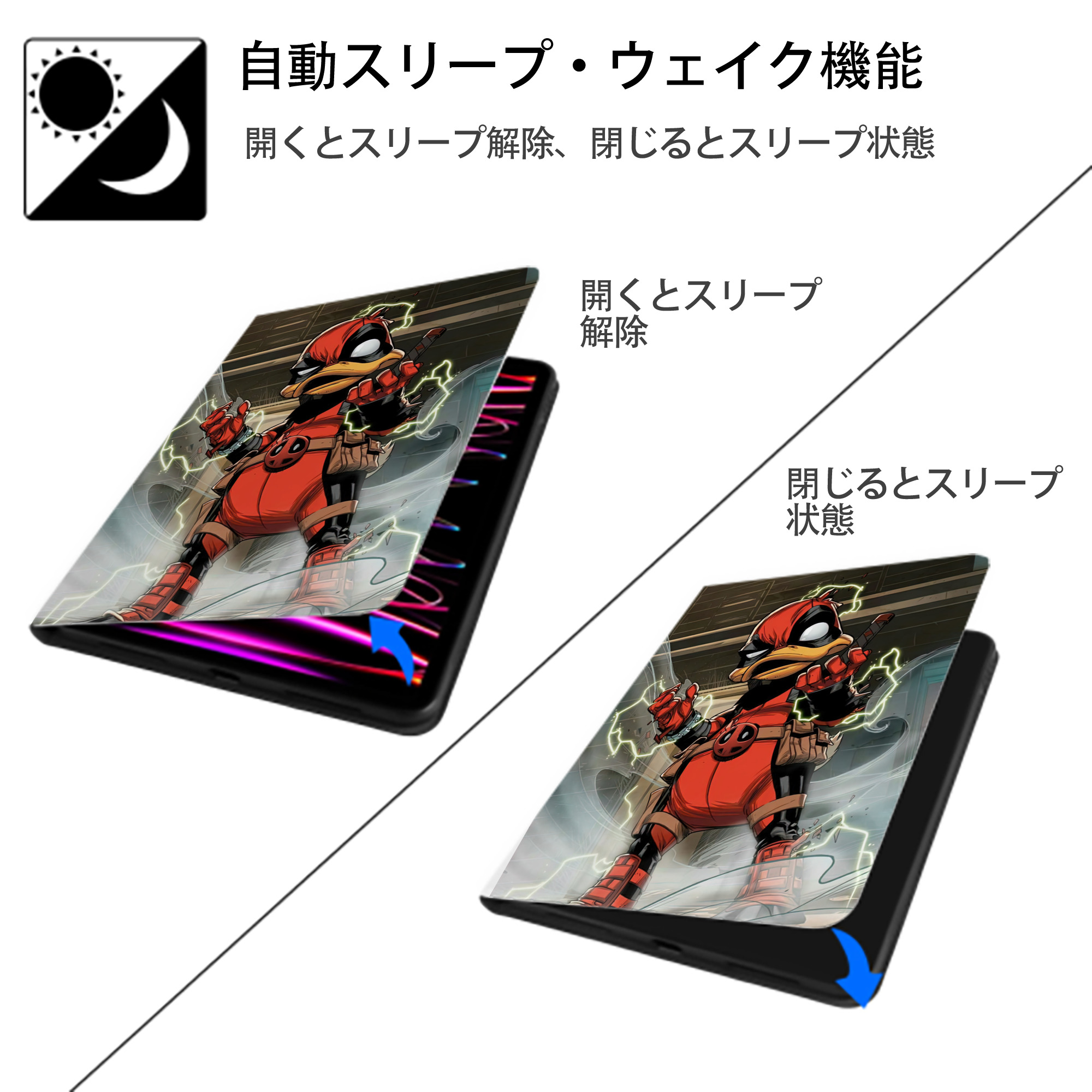 Deadpool デッドプール IPad ケース ペン収納付き 三つ折りスタンド PUレザー×シリコン 対応機種9.5/10.5/10.9インチ