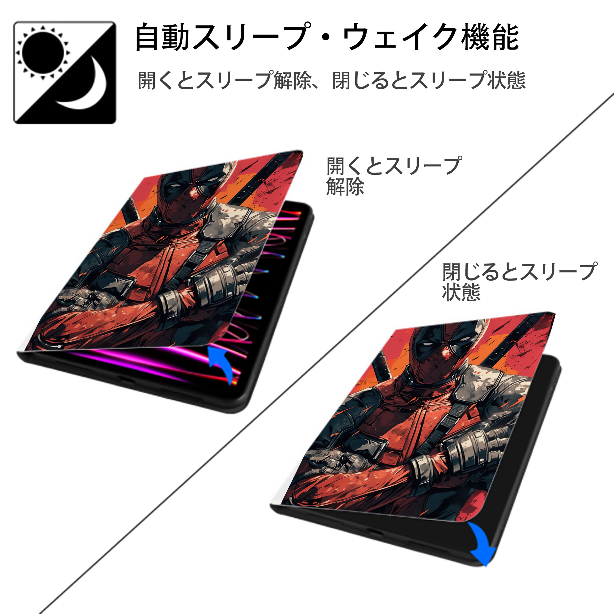 Deadpool デッドプール IPad ケース ペン収納付き 三つ折りスタンド PUレザー×シリコン 対応機種9.5/10.5/10.9インチ