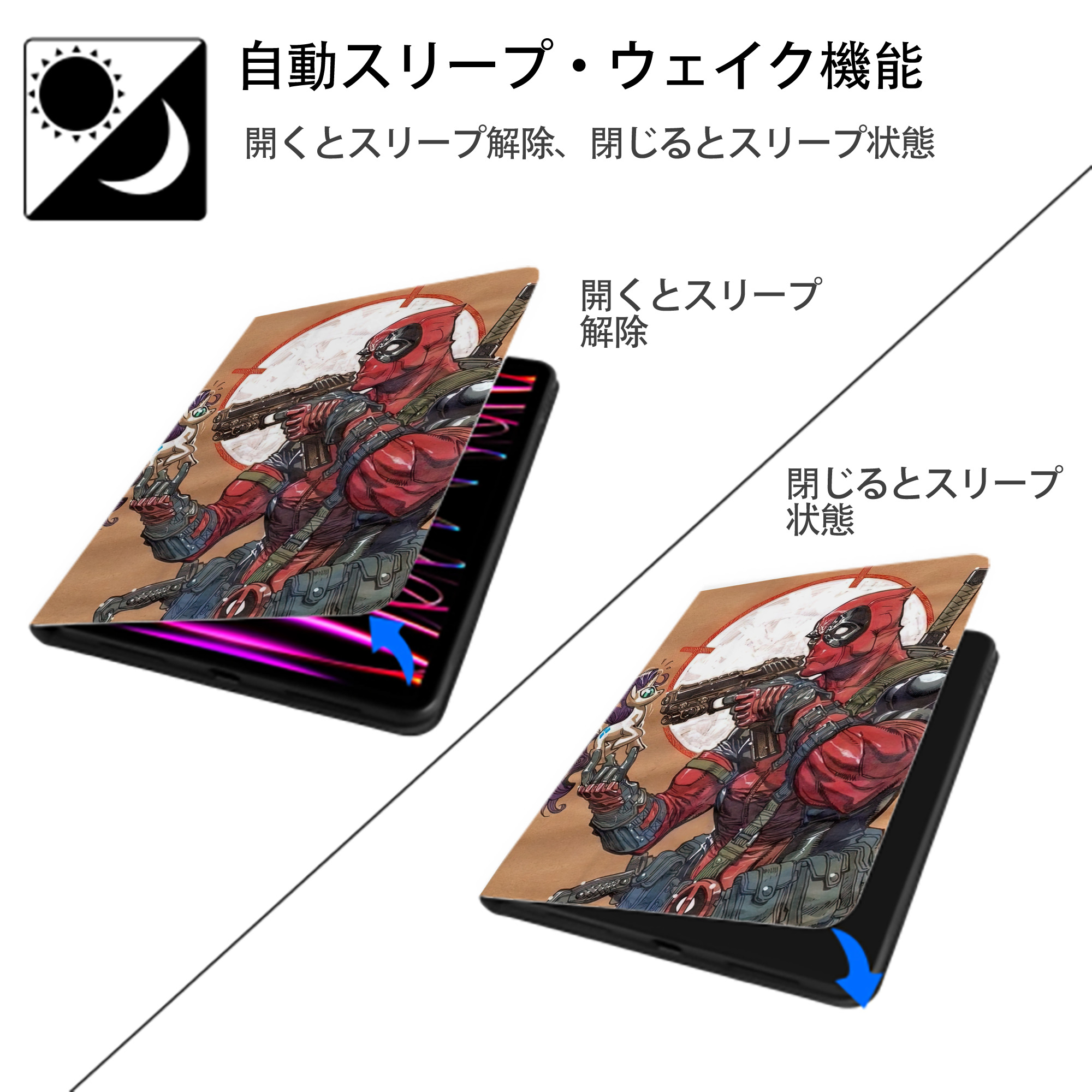 Deadpool デッドプール IPad ケース ペン収納付き 三つ折りスタンド PUレザー×シリコン 対応機種9.5/10.5/10.9インチ