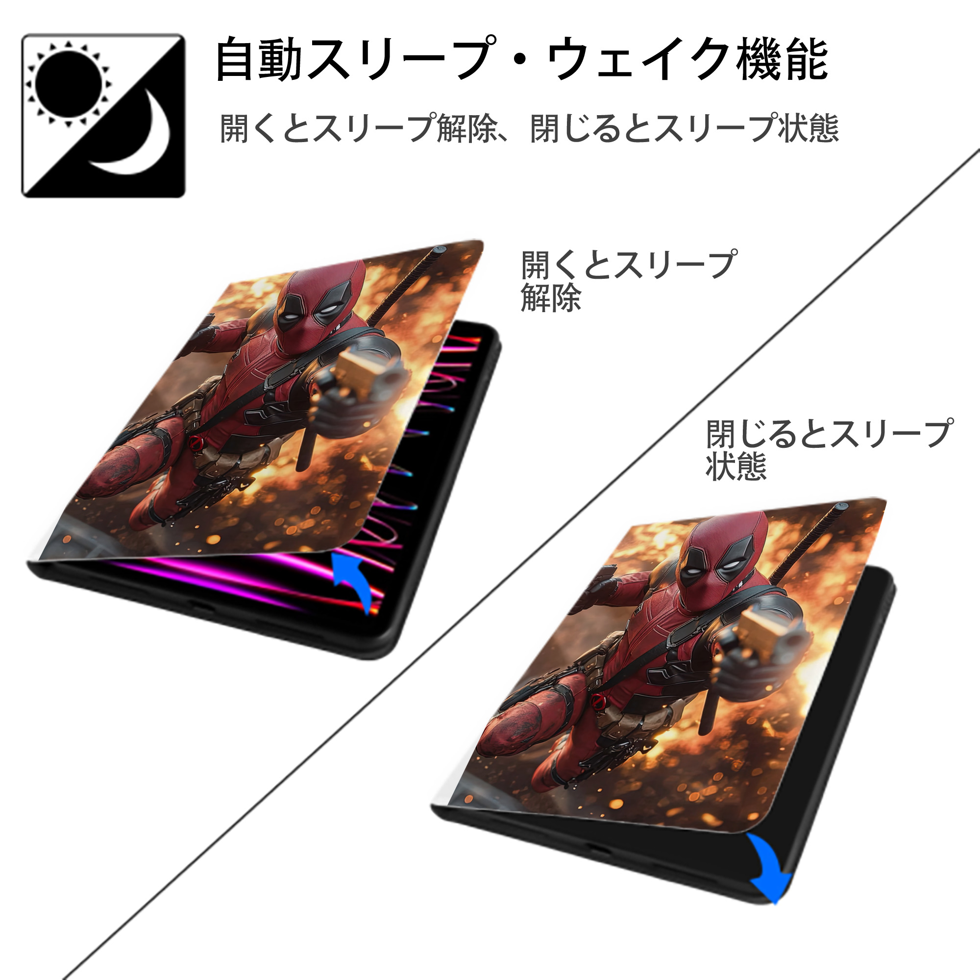 Deadpool デッドプール IPad ケース ペン収納付き 三つ折りスタンド PUレザー×シリコン 対応機種9.5/10.5/10.9インチ
