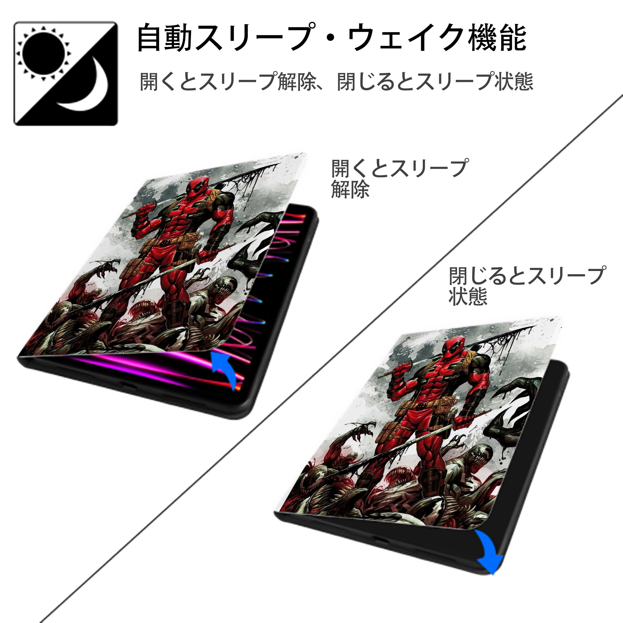 Deadpool デッドプール IPad ケース ペン収納付き 三つ折りスタンド PUレザー×シリコン 対応機種9.5/10.5/10.9インチ