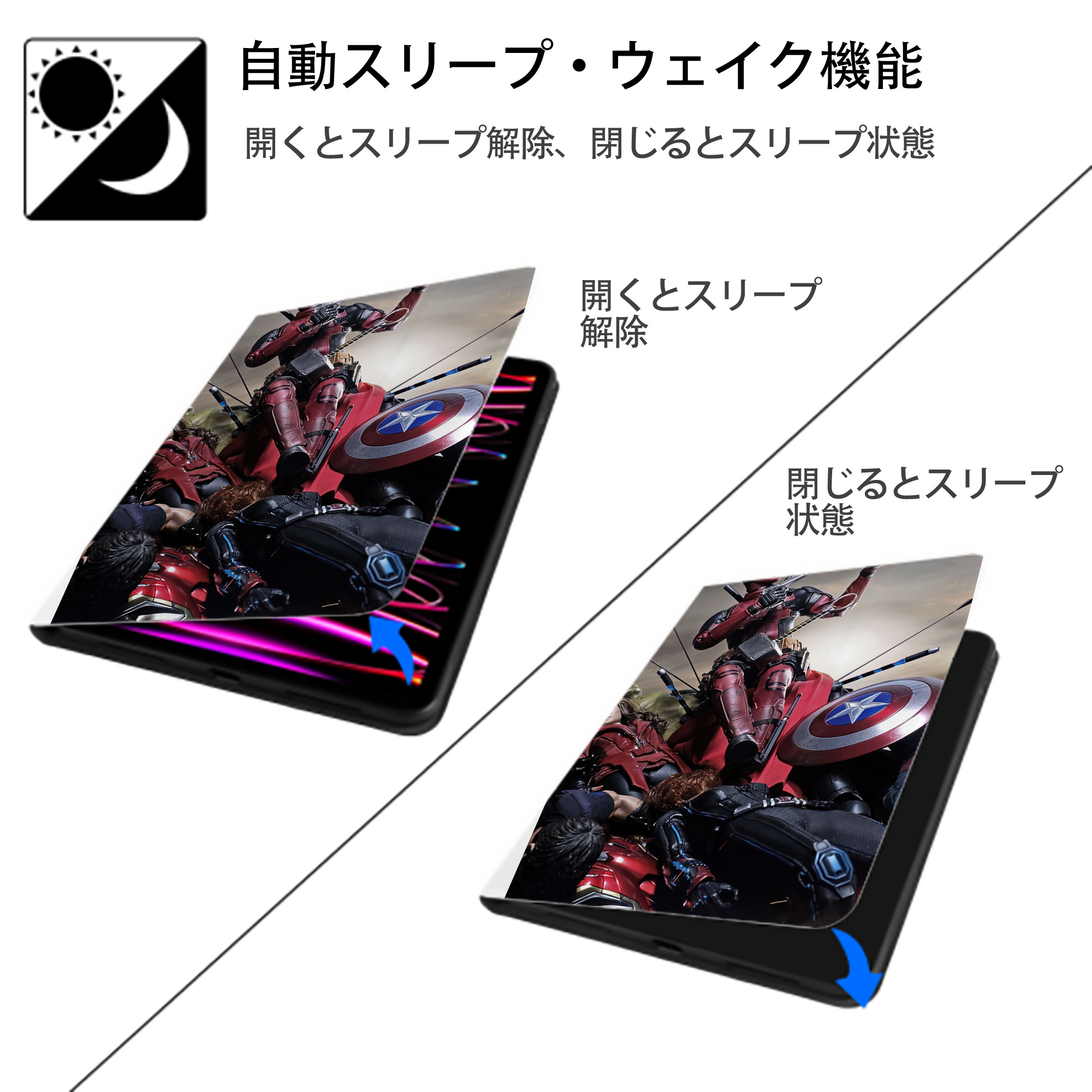 Deadpool デッドプール IPad ケース ペン収納付き 三つ折りスタンド PUレザー×シリコン 対応機種9.5/10.5/10.9インチ