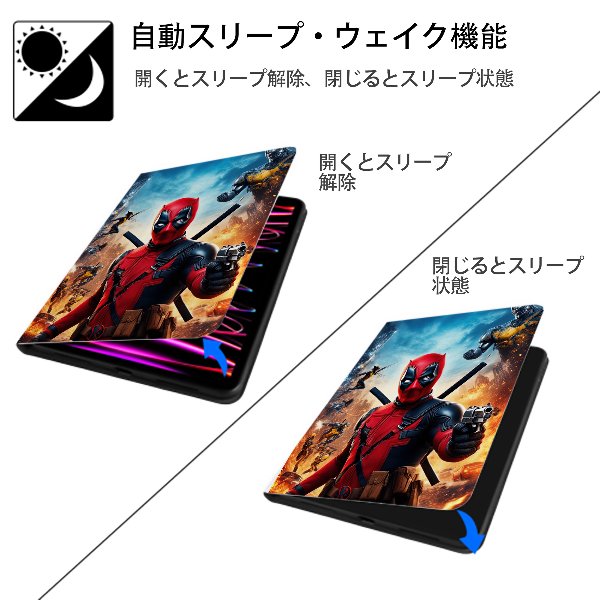 Deadpool デッドプール IPad ケース ペン収納付き 三つ折りスタンド PUレザー×シリコン 対応機種9.5/10.5/10.9インチ