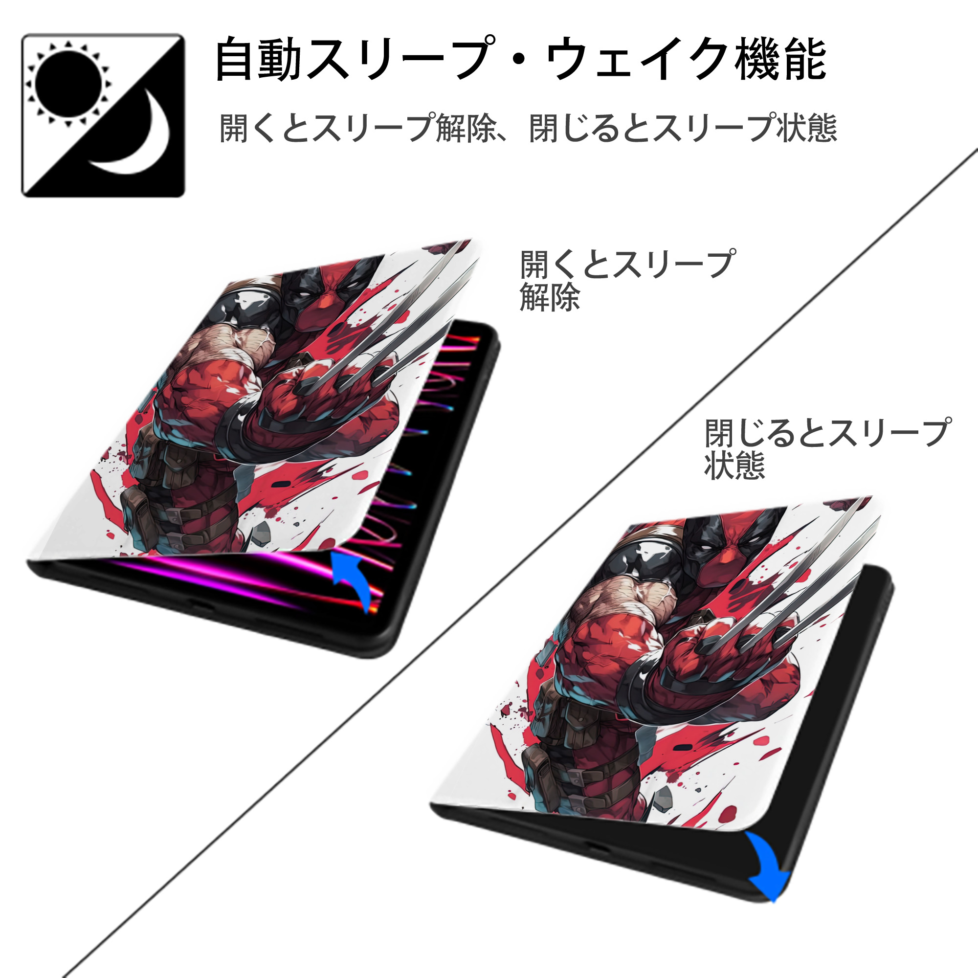 Deadpool デッドプール IPad ケース ペン収納付き 三つ折りスタンド PUレザー×シリコン 対応機種9.5/10.5/10.9インチ