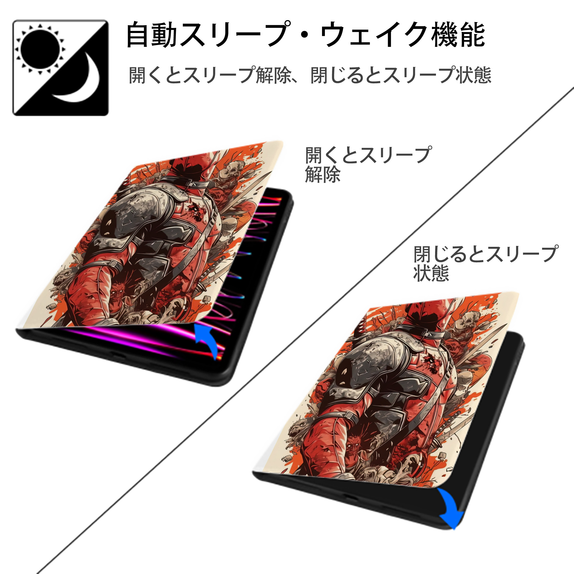 Deadpool デッドプール IPad ケース ペン収納付き 三つ折りスタンド PUレザー×シリコン 対応機種9.5/10.5/10.9インチ