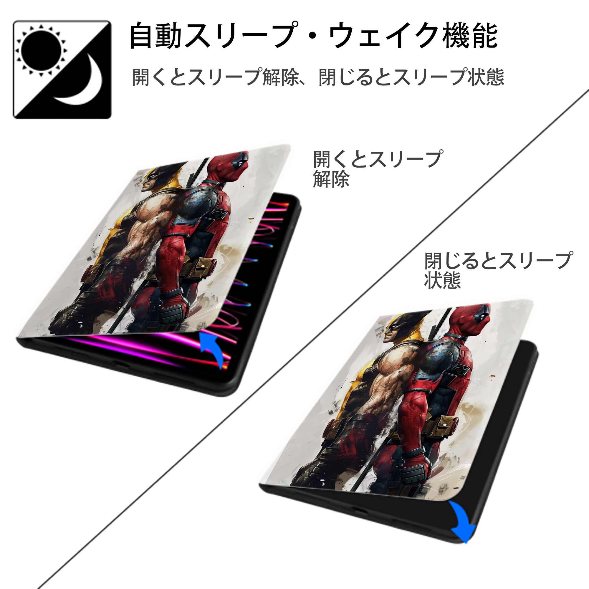 Deadpool デッドプール IPad ケース ペン収納付き 三つ折りスタンド PUレザー×シリコン 対応機種9.5/10.5/10.9インチ