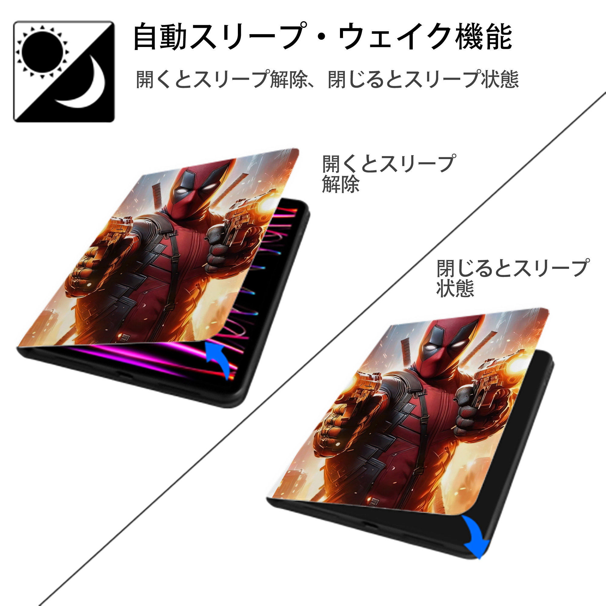 Deadpool デッドプール IPad ケース ペン収納付き 三つ折りスタンド PUレザー×シリコン 対応機種9.5/10.5/10.9インチ