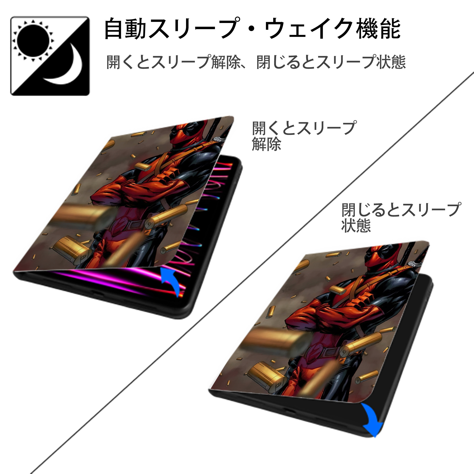 Deadpool デッドプール IPad ケース ペン収納付き 三つ折りスタンド PUレザー×シリコン 対応機種9.5/10.5/10.9インチ