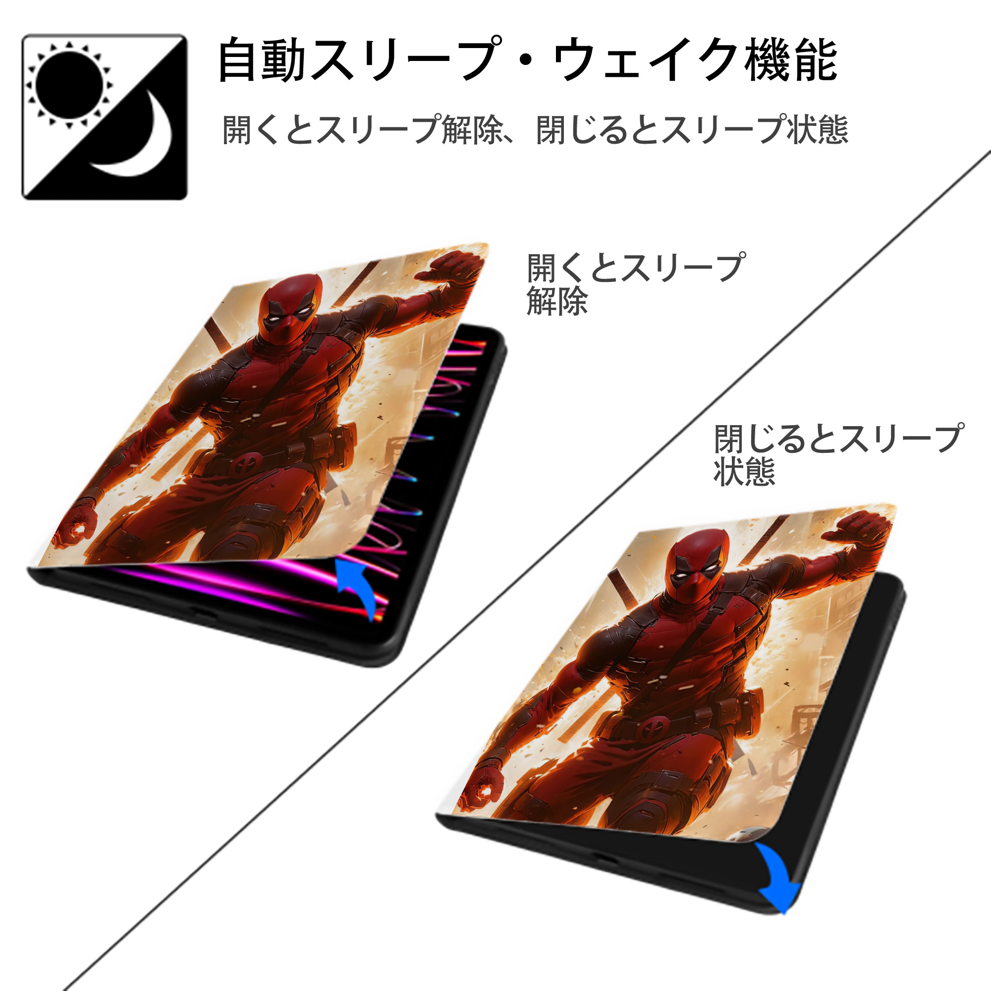 Deadpool デッドプール IPad ケース ペン収納付き 三つ折りスタンド PUレザー×シリコン 対応機種9.5/10.5/10.9インチ