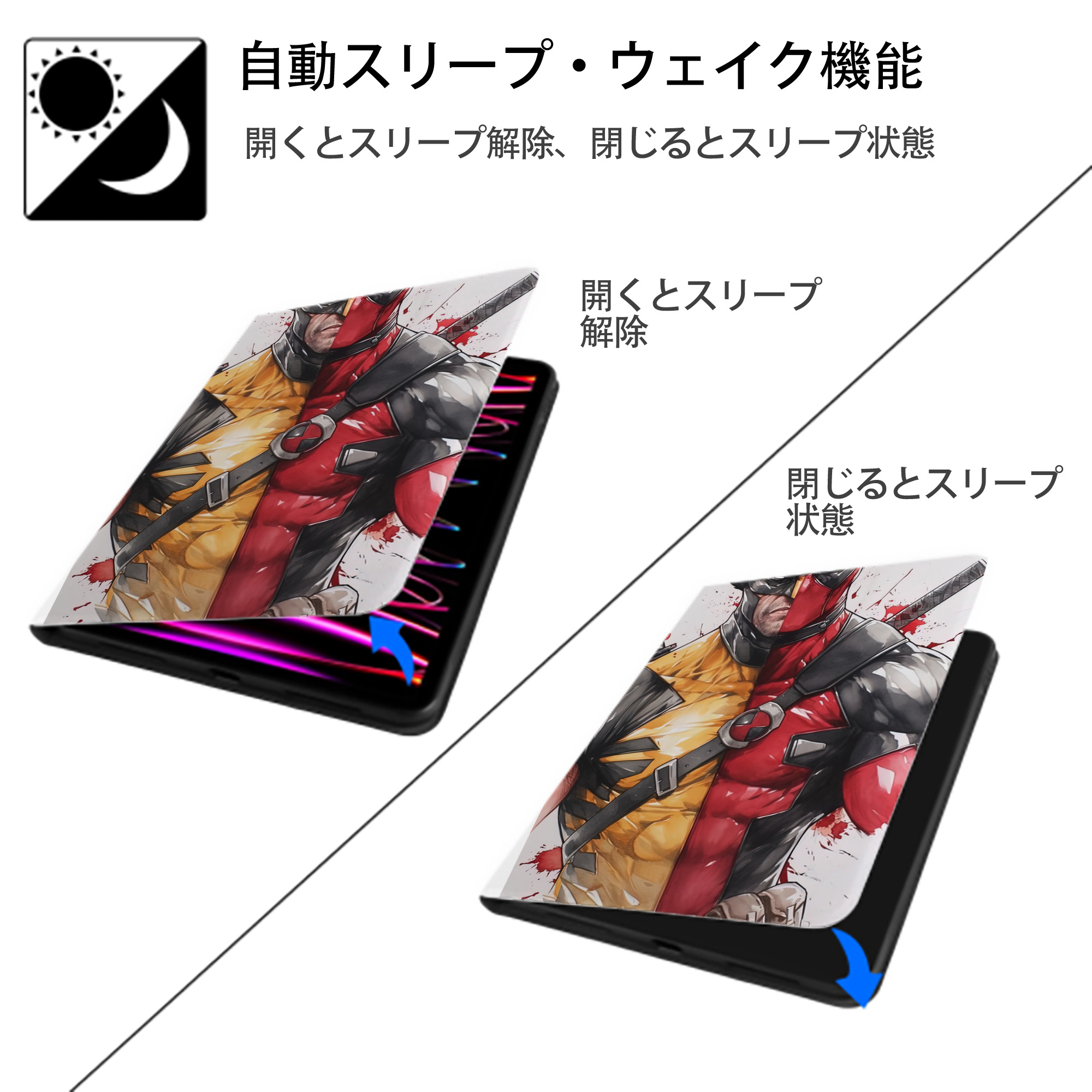 Deadpool デッドプール IPad ケース ペン収納付き 三つ折りスタンド PUレザー×シリコン 対応機種9.5/10.5/10.9インチ