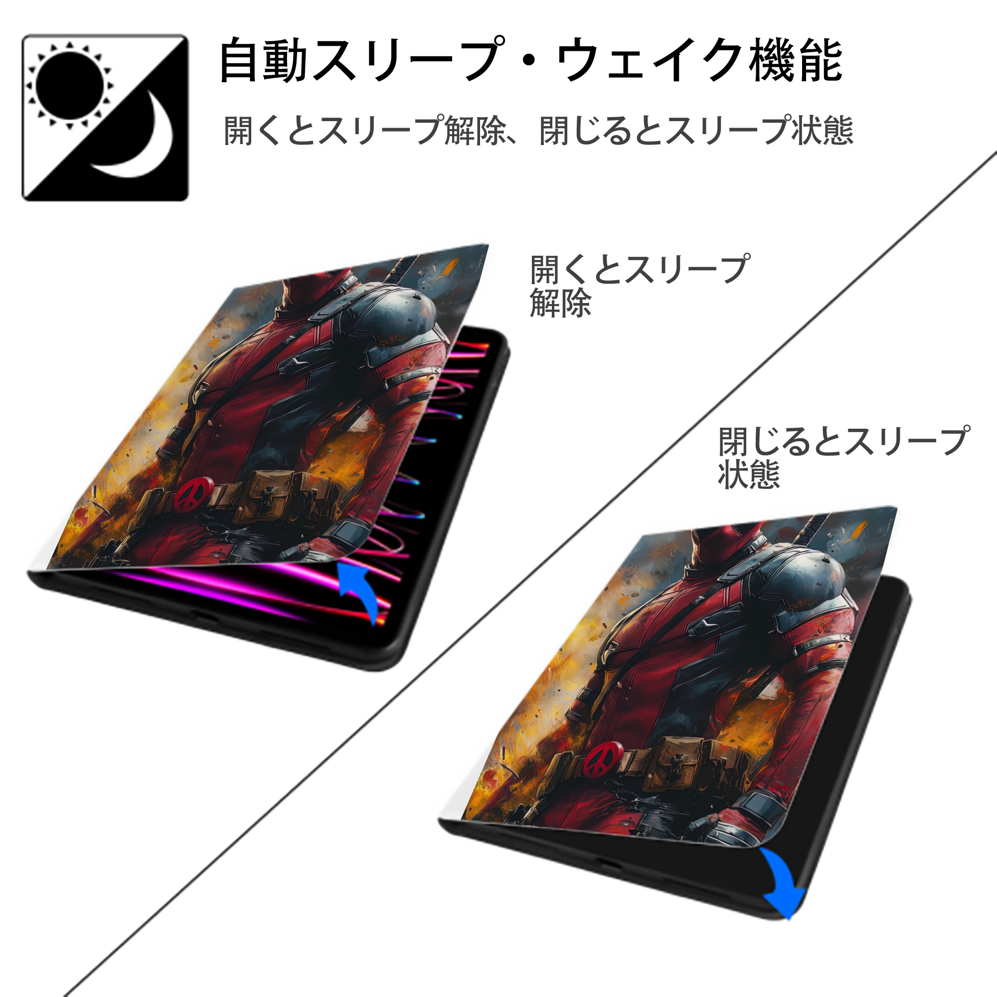 Deadpool デッドプール IPad ケース ペン収納付き 三つ折りスタンド PUレザー×シリコン 対応機種9.5/10.5/10.9インチ
