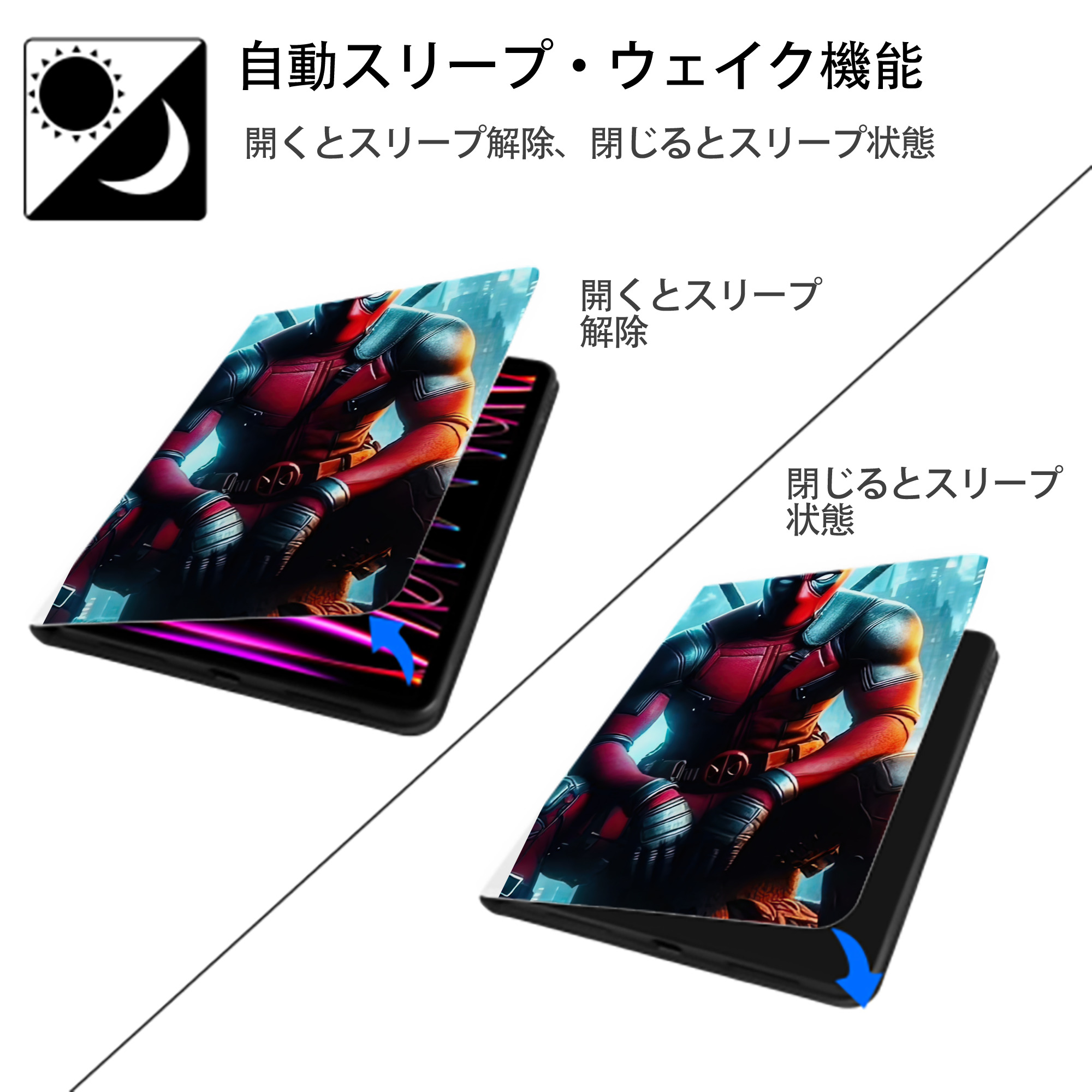 Deadpool デッドプール IPad ケース ペン収納付き 三つ折りスタンド PUレザー×シリコン 対応機種9.5/10.5/10.9インチ