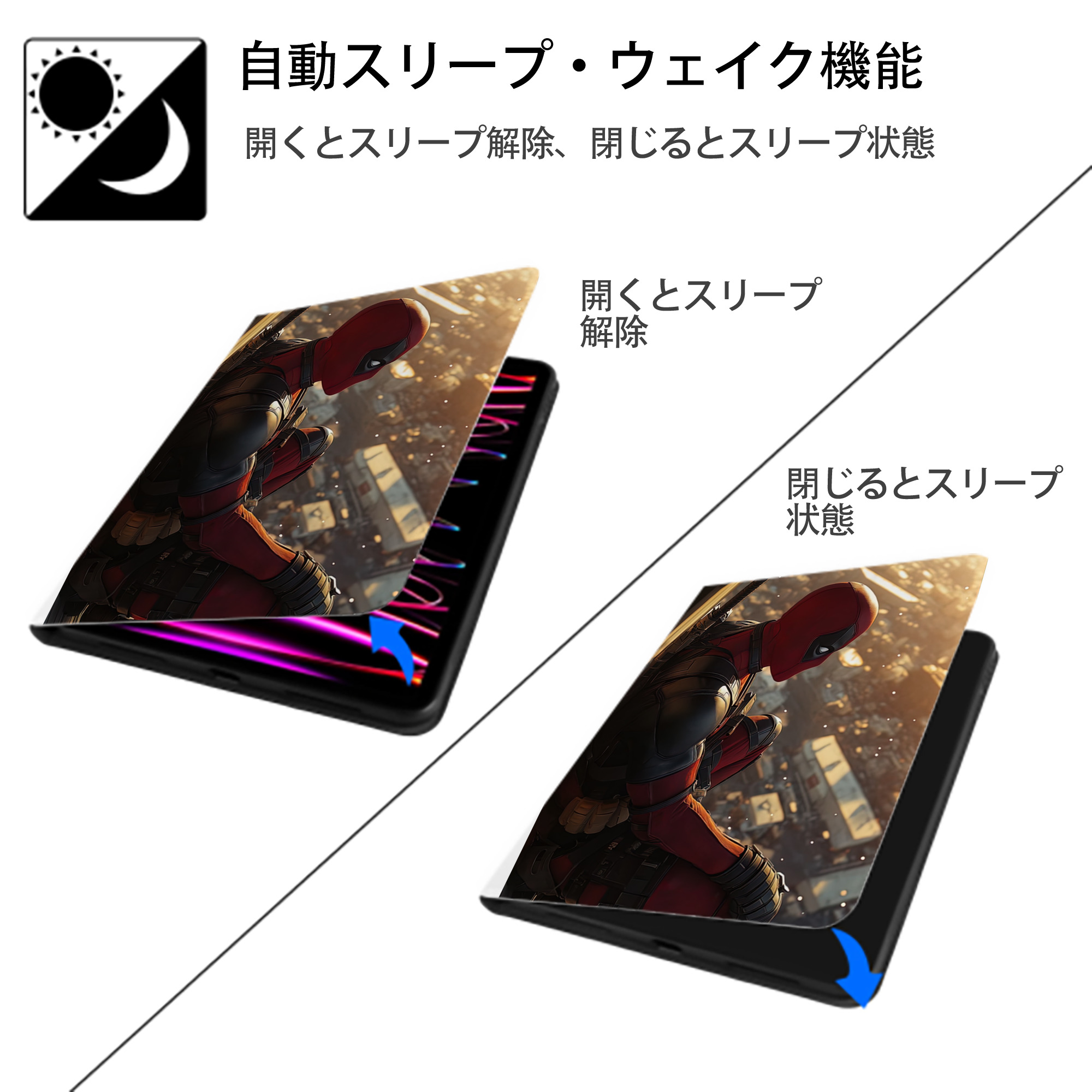 Deadpool デッドプール IPad ケース ペン収納付き 三つ折りスタンド PUレザー×シリコン 対応機種9.5/10.5/10.9インチ