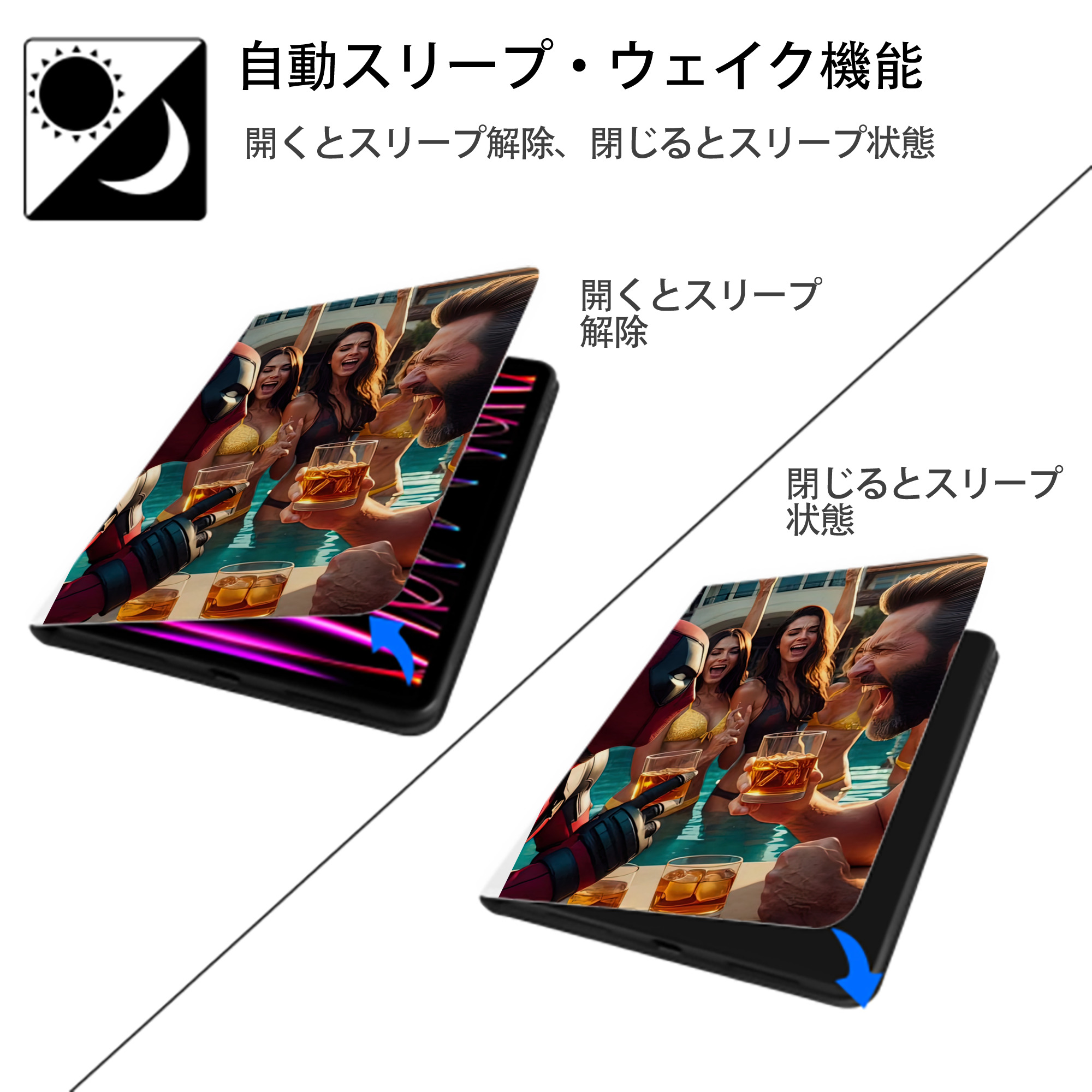 Deadpool デッドプール IPad ケース ペン収納付き 三つ折りスタンド PUレザー×シリコン 対応機種9.5/10.5/10.9インチ