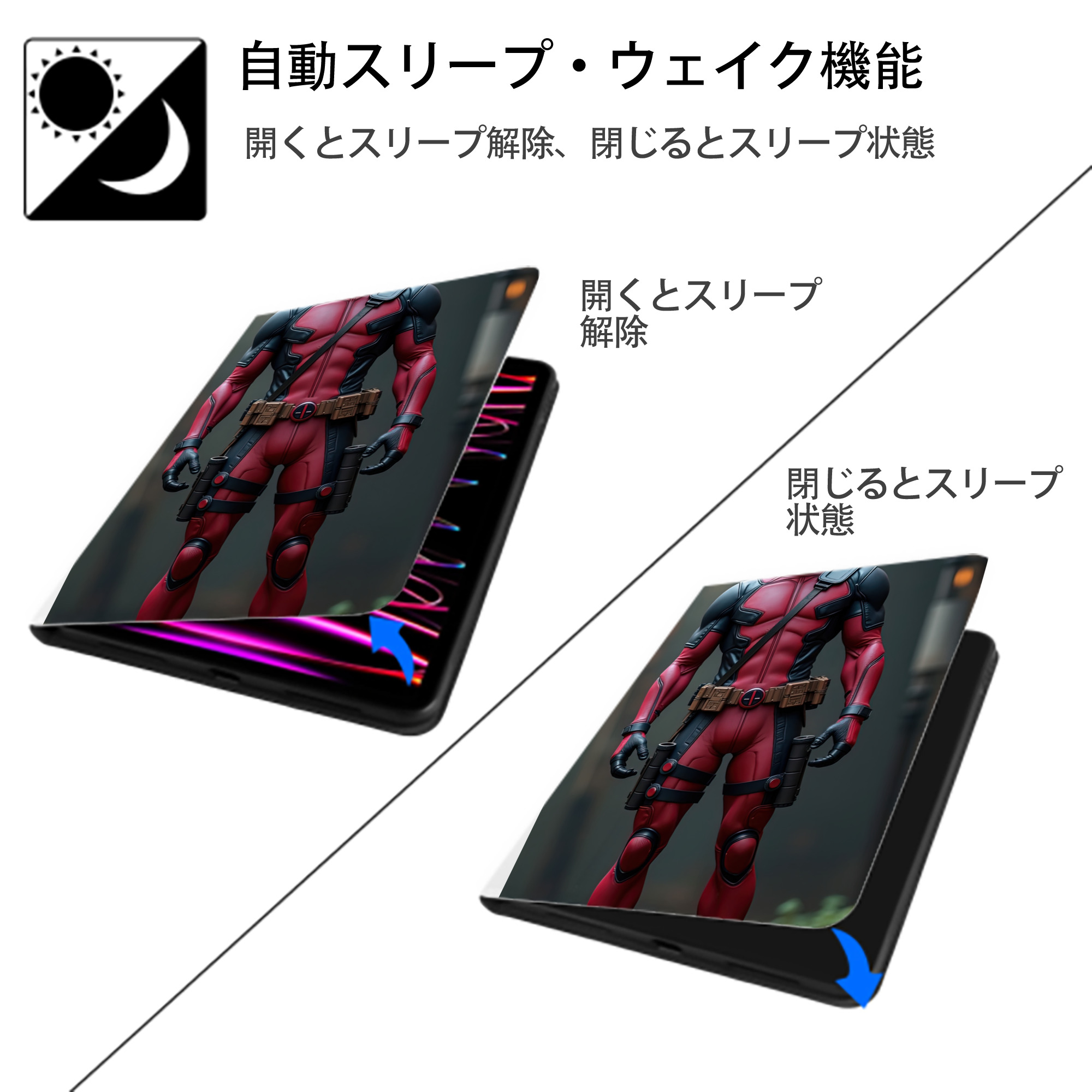 Deadpool デッドプール IPad ケース ペン収納付き 三つ折りスタンド PUレザー×シリコン 対応機種9.5/10.5/10.9インチ