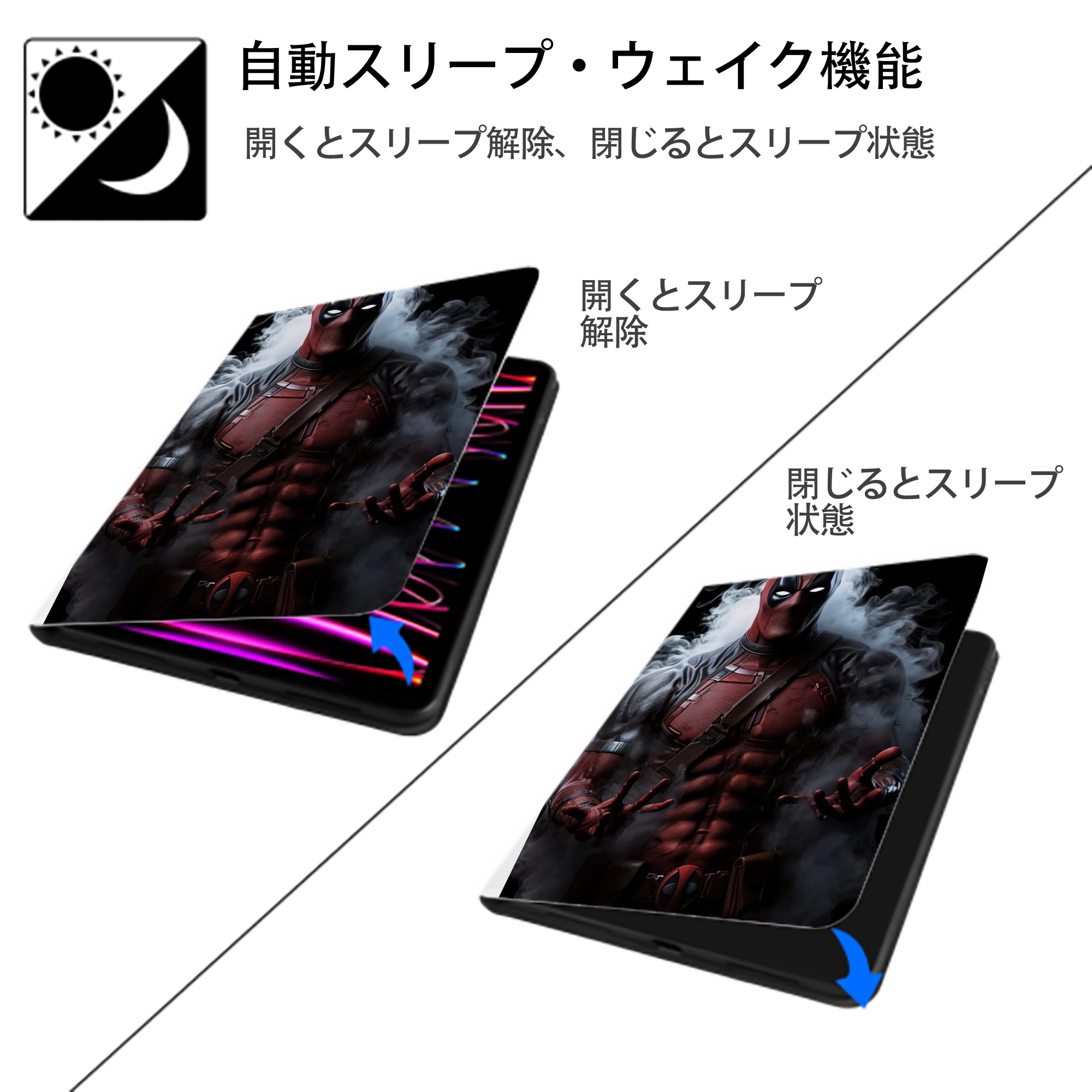 Deadpool デッドプール IPad ケース ペン収納付き 三つ折りスタンド PUレザー×シリコン 対応機種9.5/10.5/10.9インチ