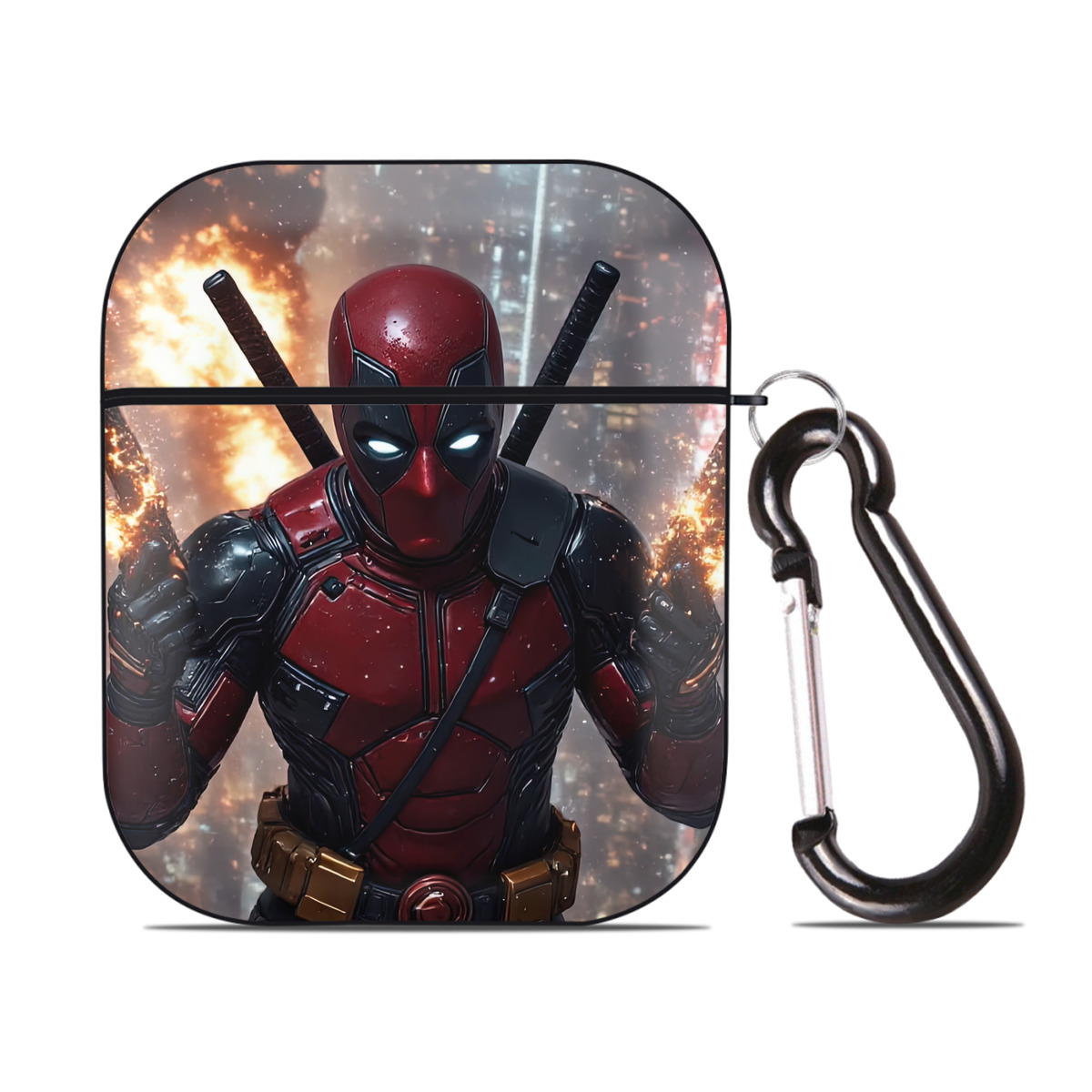 （画像用） Deadpool デッドプール AirPods 第2世代保護ケース ハードシェル ブラック 耐衝撃・防指紋・カラビナ付き