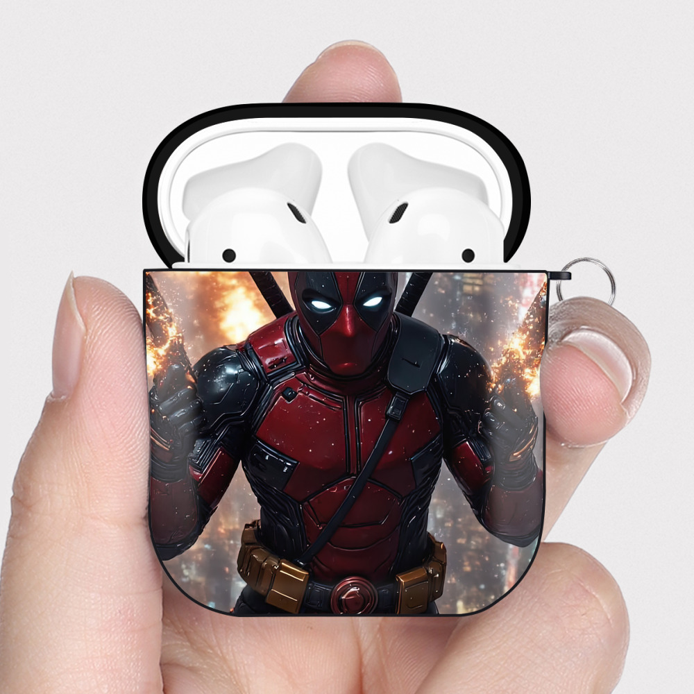 （画像用） Deadpool デッドプール AirPods 第2世代保護ケース ハードシェル ブラック 耐衝撃・防指紋・カラビナ付き