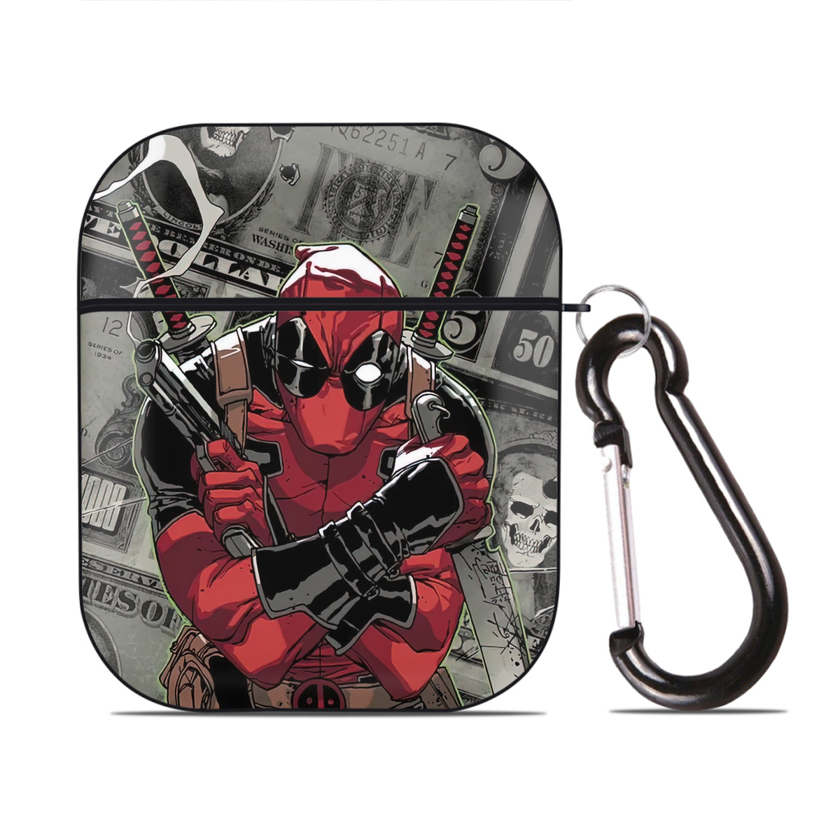 （画像用） Deadpool デッドプール AirPods 第2世代保護ケース ハードシェル ブラック 耐衝撃・防指紋・カラビナ付き