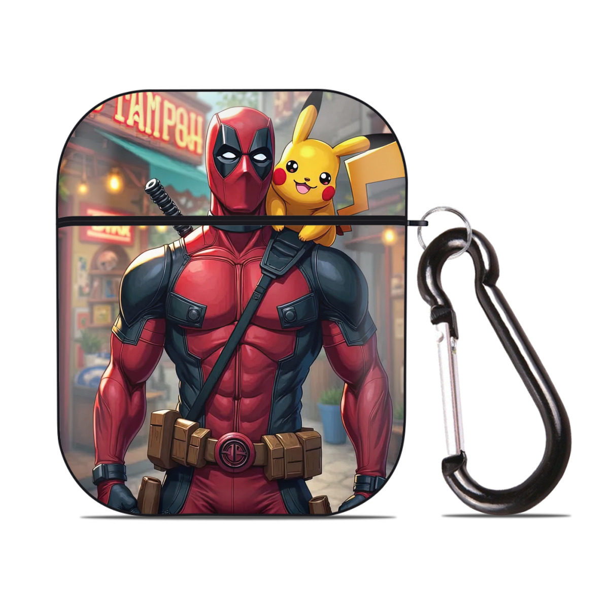 （画像用） Deadpool デッドプール AirPods 第2世代保護ケース ハードシェル ブラック 耐衝撃・防指紋・カラビナ付き
