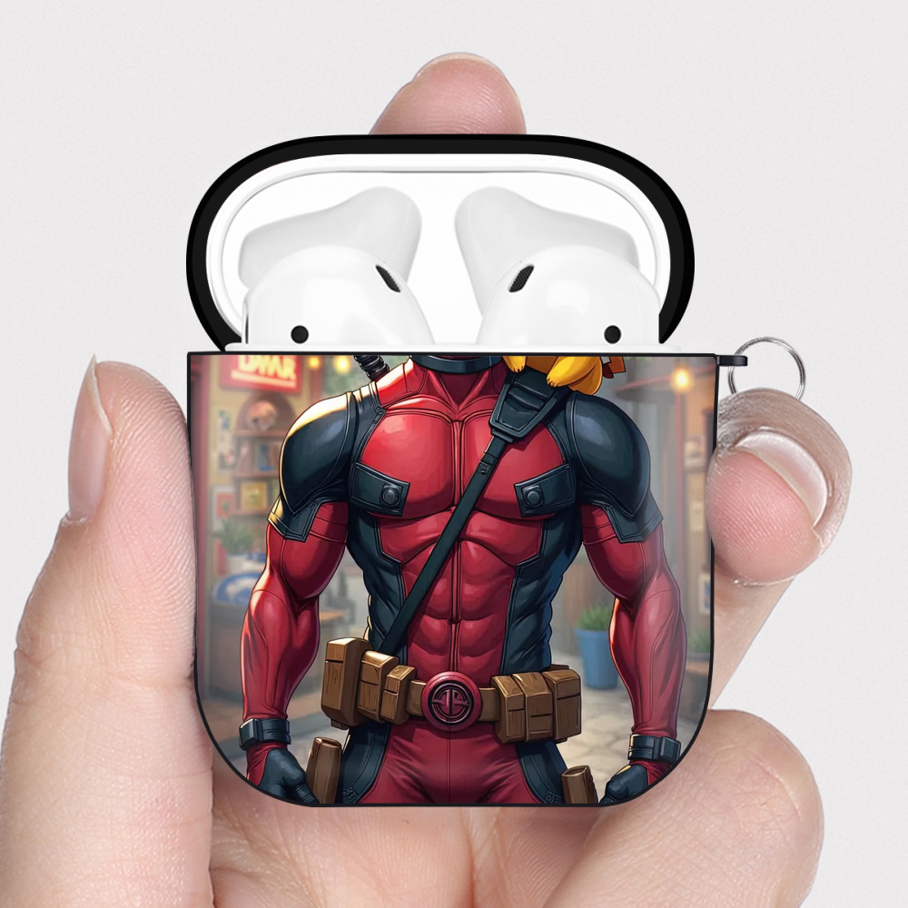 （画像用） Deadpool デッドプール AirPods 第2世代保護ケース ハードシェル ブラック 耐衝撃・防指紋・カラビナ付き