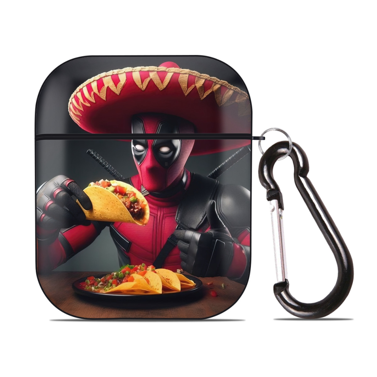 （画像用） Deadpool デッドプール AirPods 第2世代保護ケース ハードシェル ブラック 耐衝撃・防指紋・カラビナ付き