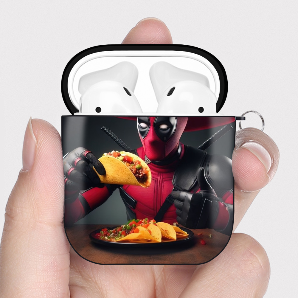 （画像用） Deadpool デッドプール AirPods 第2世代保護ケース ハードシェル ブラック 耐衝撃・防指紋・カラビナ付き