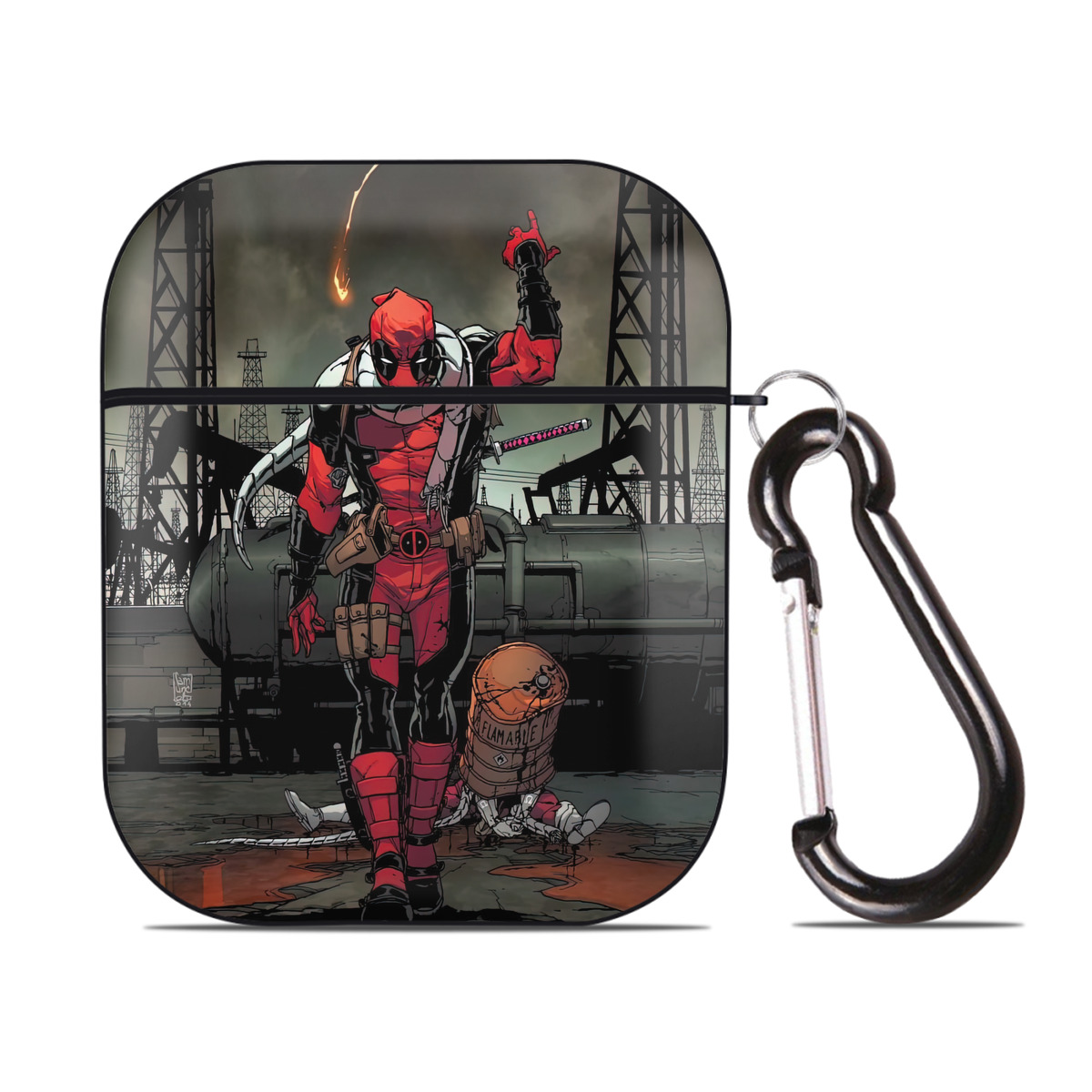 （画像用） Deadpool デッドプール AirPods 第2世代保護ケース ハードシェル ブラック 耐衝撃・防指紋・カラビナ付き