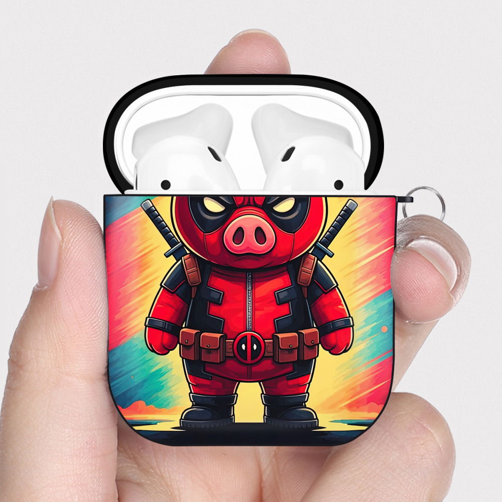 （画像用） Deadpool デッドプール AirPods 第2世代保護ケース ハードシェル ブラック 耐衝撃・防指紋・カラビナ付き
