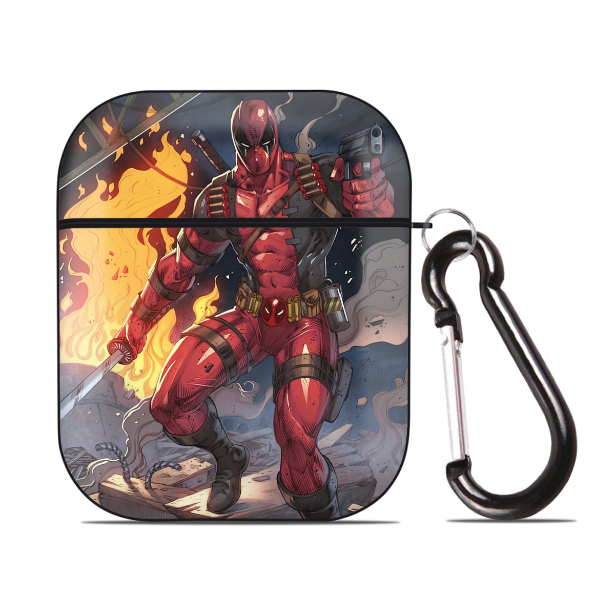 （画像用） Deadpool デッドプール AirPods 第2世代保護ケース ハードシェル ブラック 耐衝撃・防指紋・カラビナ付き