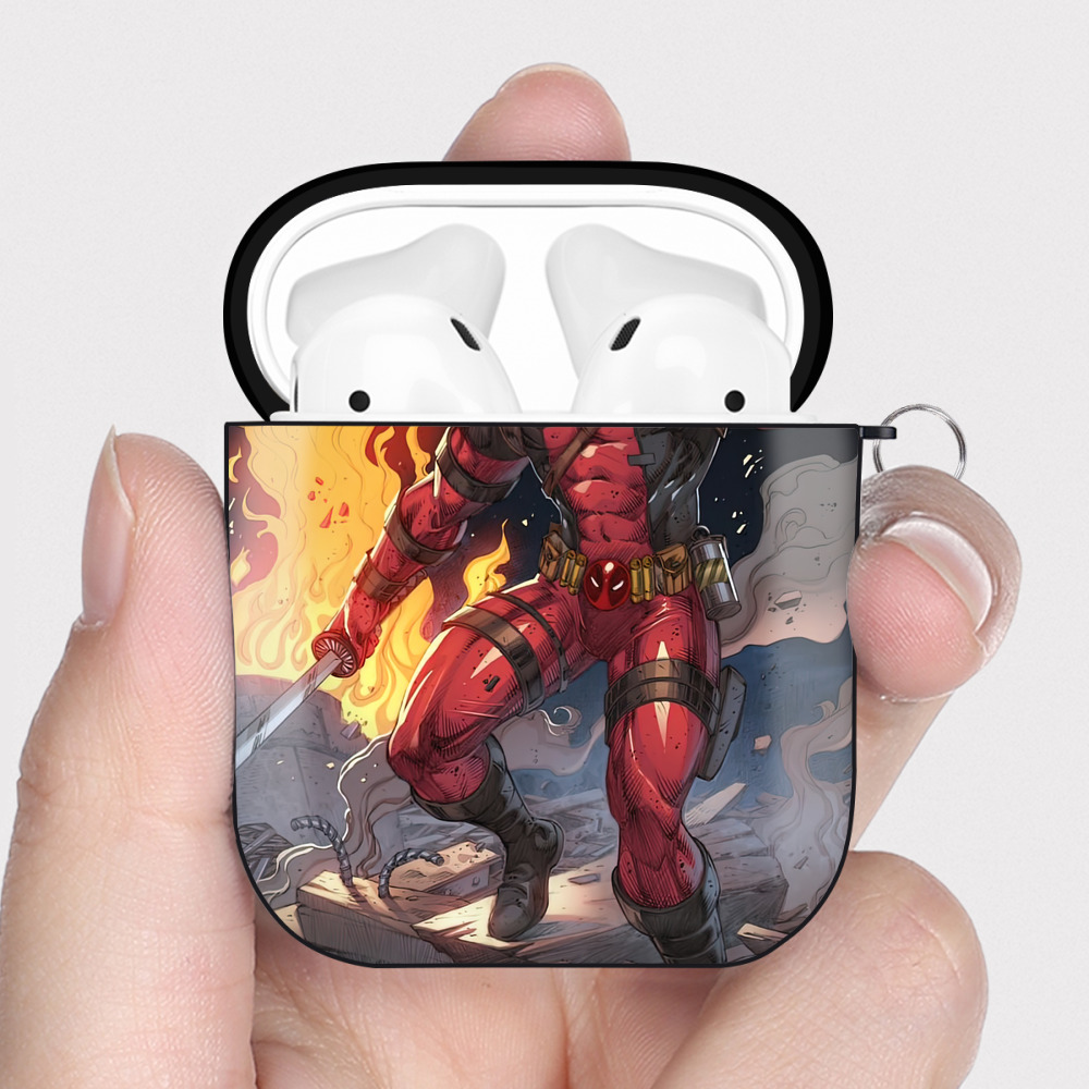 （画像用） Deadpool デッドプール AirPods 第2世代保護ケース ハードシェル ブラック 耐衝撃・防指紋・カラビナ付き