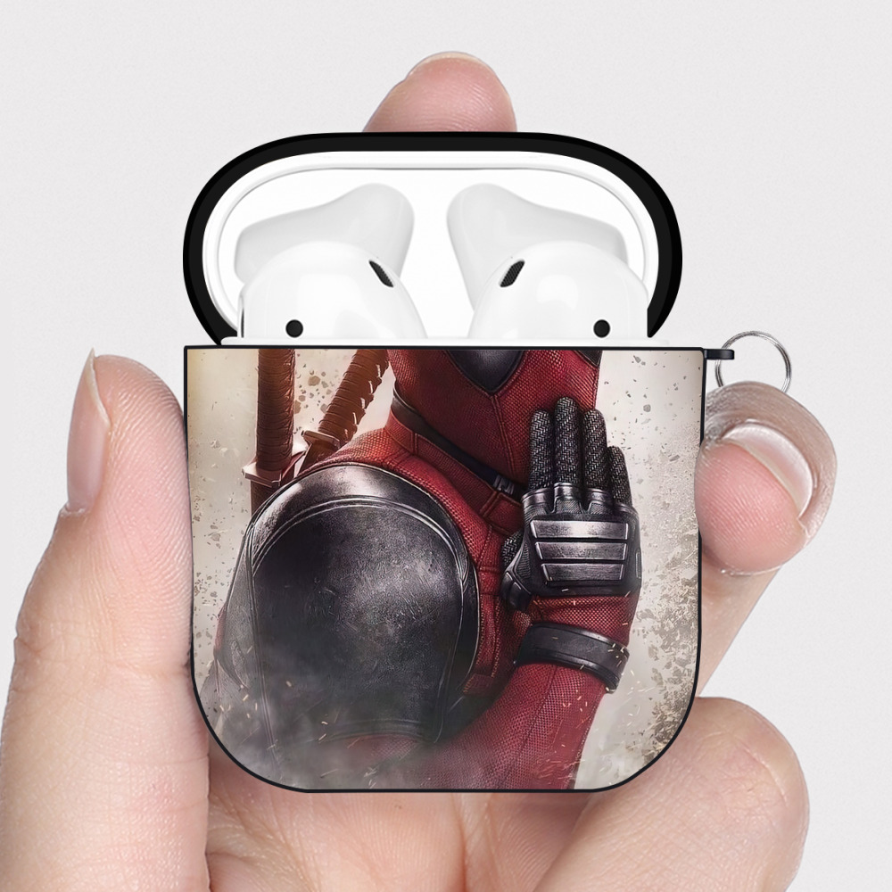 （画像用） Deadpool デッドプール AirPods 第2世代保護ケース ハードシェル ブラック 耐衝撃・防指紋・カラビナ付き