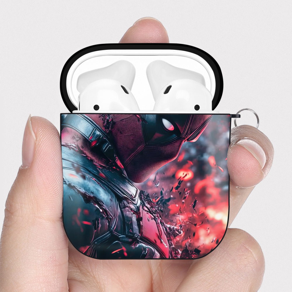 （画像用） Deadpool デッドプール AirPods 第2世代保護ケース ハードシェル ブラック 耐衝撃・防指紋・カラビナ付き