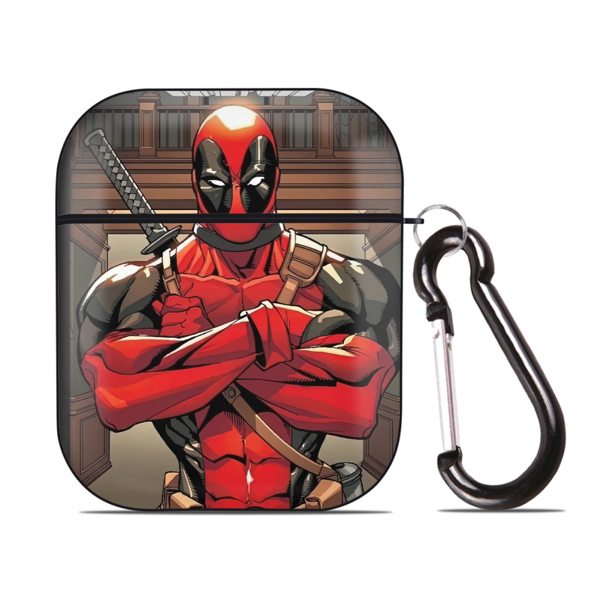 （画像用） Deadpool デッドプール AirPods 第2世代保護ケース ハードシェル ブラック 耐衝撃・防指紋・カラビナ付き