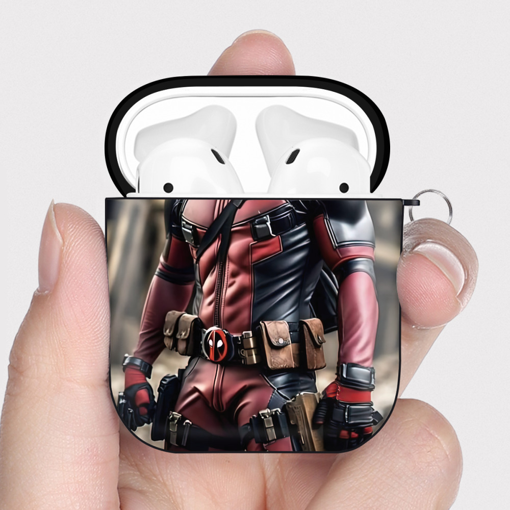（画像用） Deadpool デッドプール AirPods 第2世代保護ケース ハードシェル ブラック 耐衝撃・防指紋・カラビナ付き