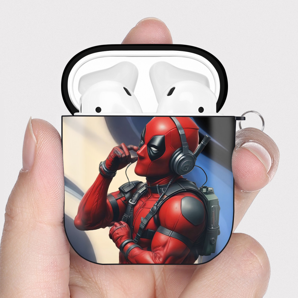 （画像用） Deadpool デッドプール AirPods 第2世代保護ケース ハードシェル ブラック 耐衝撃・防指紋・カラビナ付き