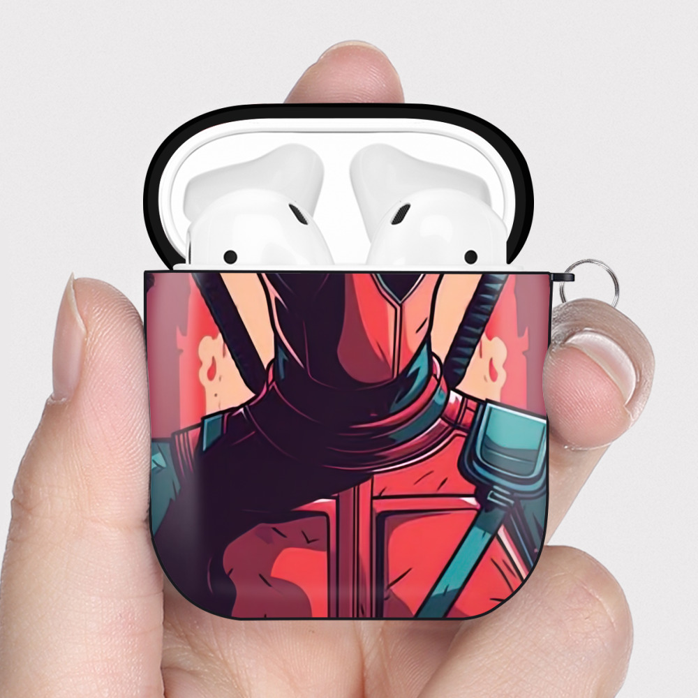 （画像用） Deadpool デッドプール AirPods 第2世代保護ケース ハードシェル ブラック 耐衝撃・防指紋・カラビナ付き