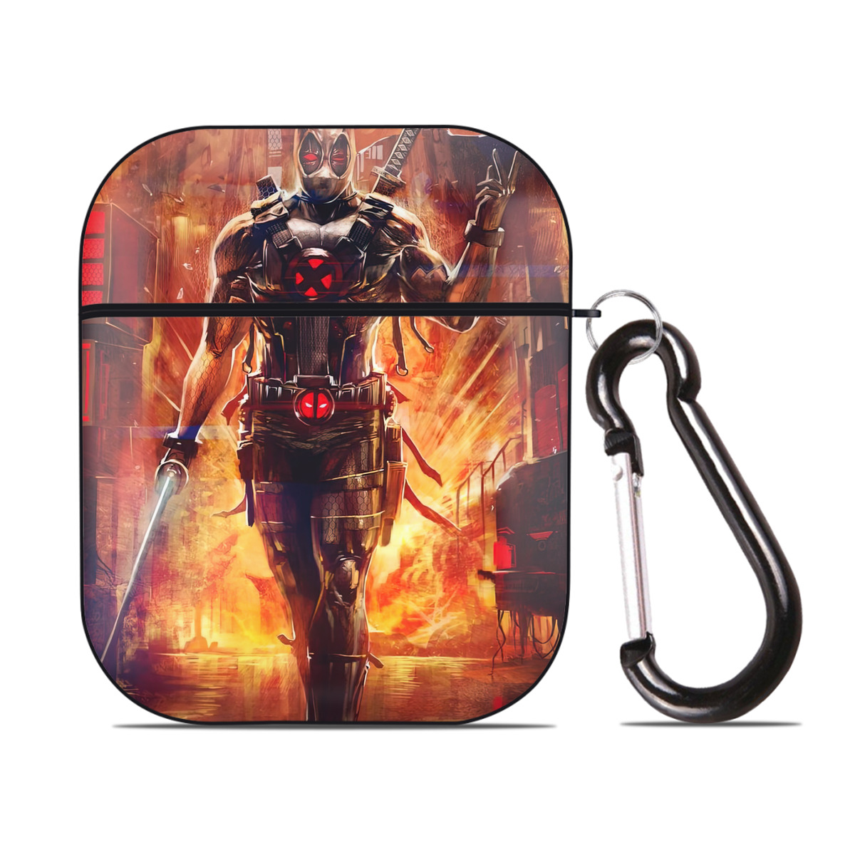 （画像用） Deadpool デッドプール AirPods 第2世代保護ケース ハードシェル ブラック 耐衝撃・防指紋・カラビナ付き
