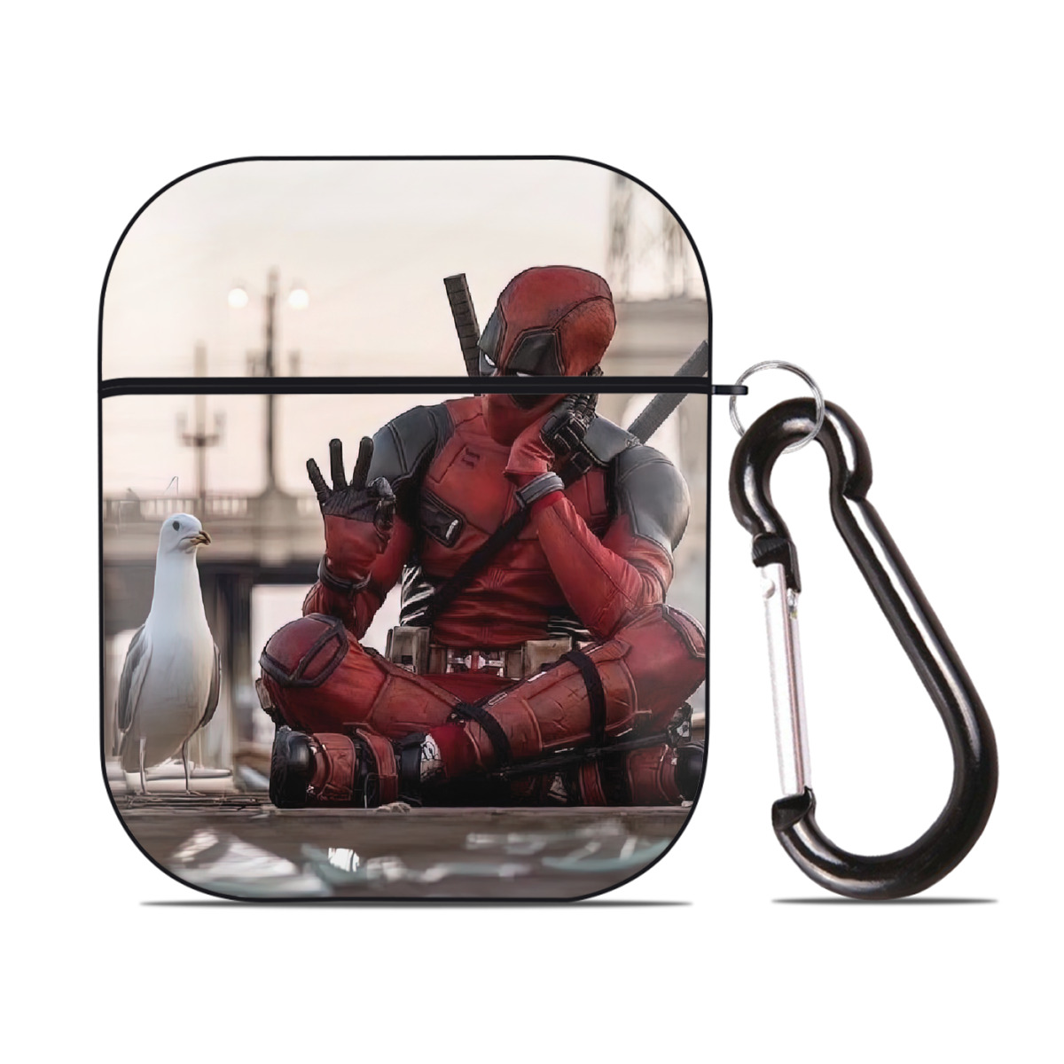 （画像用） Deadpool デッドプール AirPods 第2世代保護ケース ハードシェル ブラック 耐衝撃・防指紋・カラビナ付き