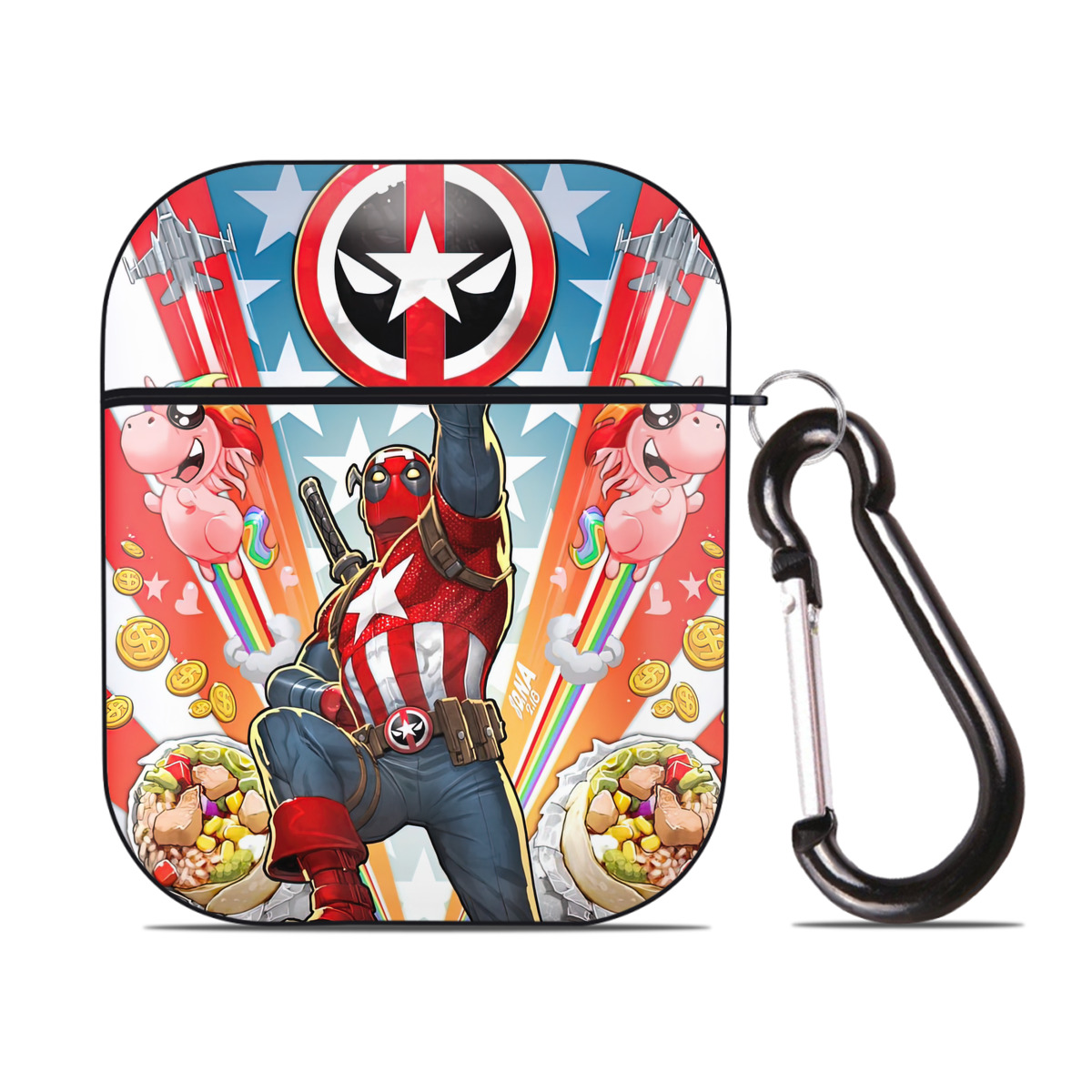 （画像用） Deadpool デッドプール AirPods 第2世代保護ケース ハードシェル ブラック 耐衝撃・防指紋・カラビナ付き