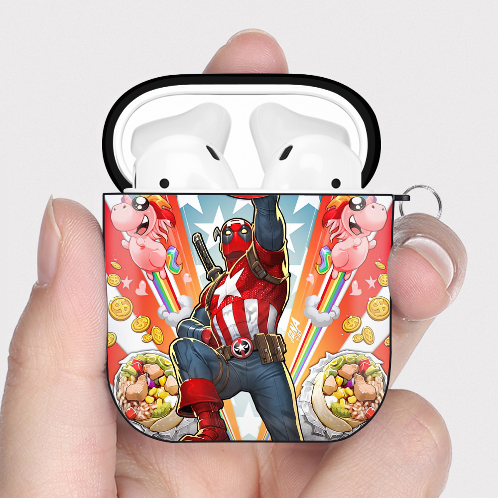（画像用） Deadpool デッドプール AirPods 第2世代保護ケース ハードシェル ブラック 耐衝撃・防指紋・カラビナ付き