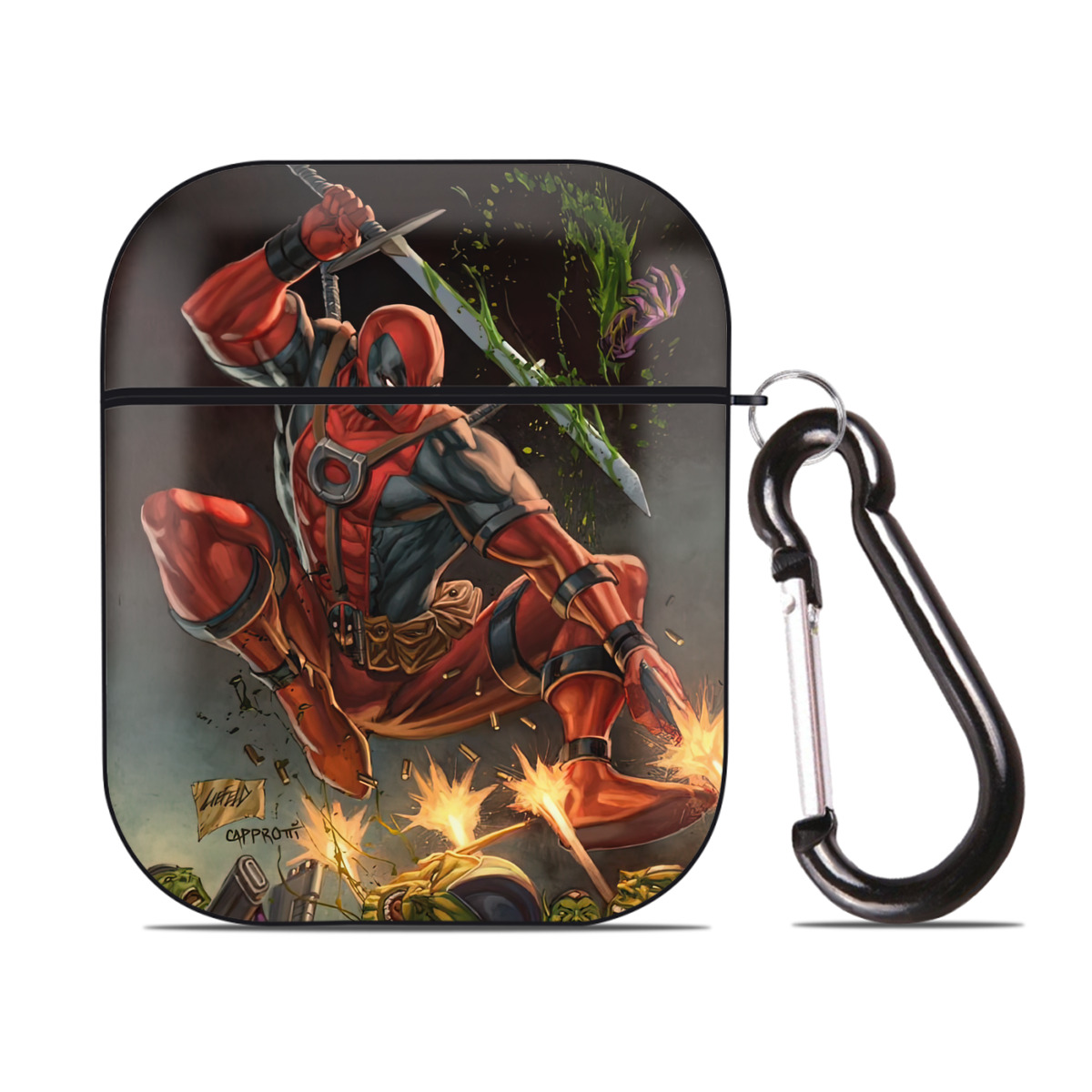 （画像用） Deadpool デッドプール AirPods 第2世代保護ケース ハードシェル ブラック 耐衝撃・防指紋・カラビナ付き