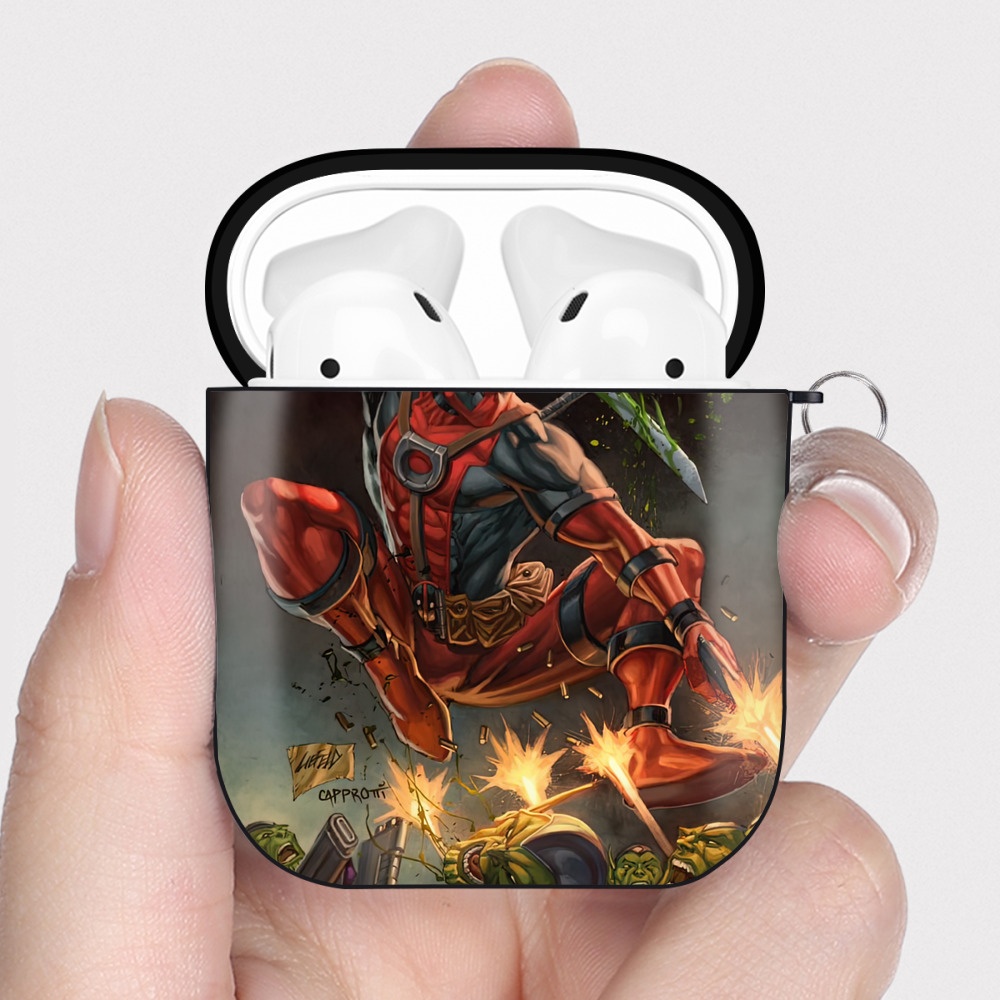 （画像用） Deadpool デッドプール AirPods 第2世代保護ケース ハードシェル ブラック 耐衝撃・防指紋・カラビナ付き