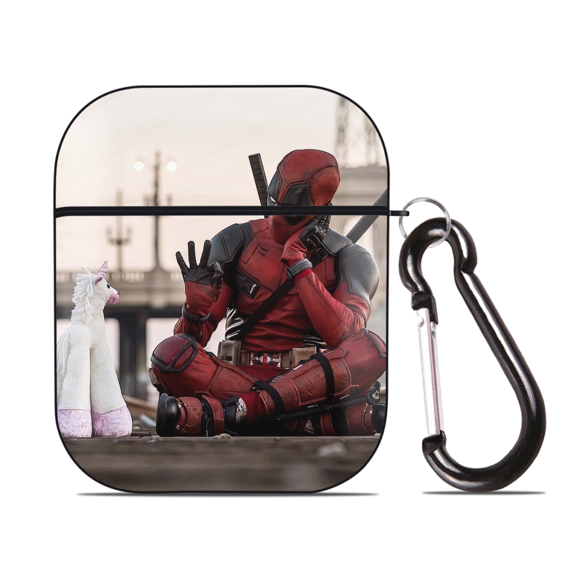 （画像用） Deadpool デッドプール AirPods 第2世代保護ケース ハードシェル ブラック 耐衝撃・防指紋・カラビナ付き
