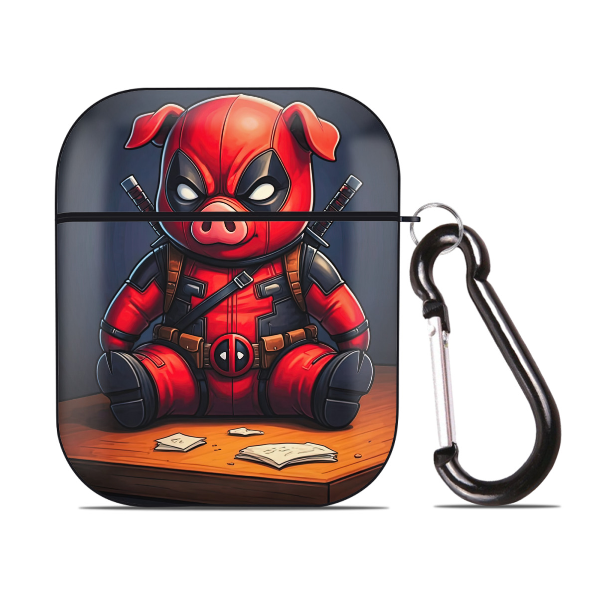 （画像用） Deadpool デッドプール AirPods 第2世代保護ケース ハードシェル ブラック 耐衝撃・防指紋・カラビナ付き