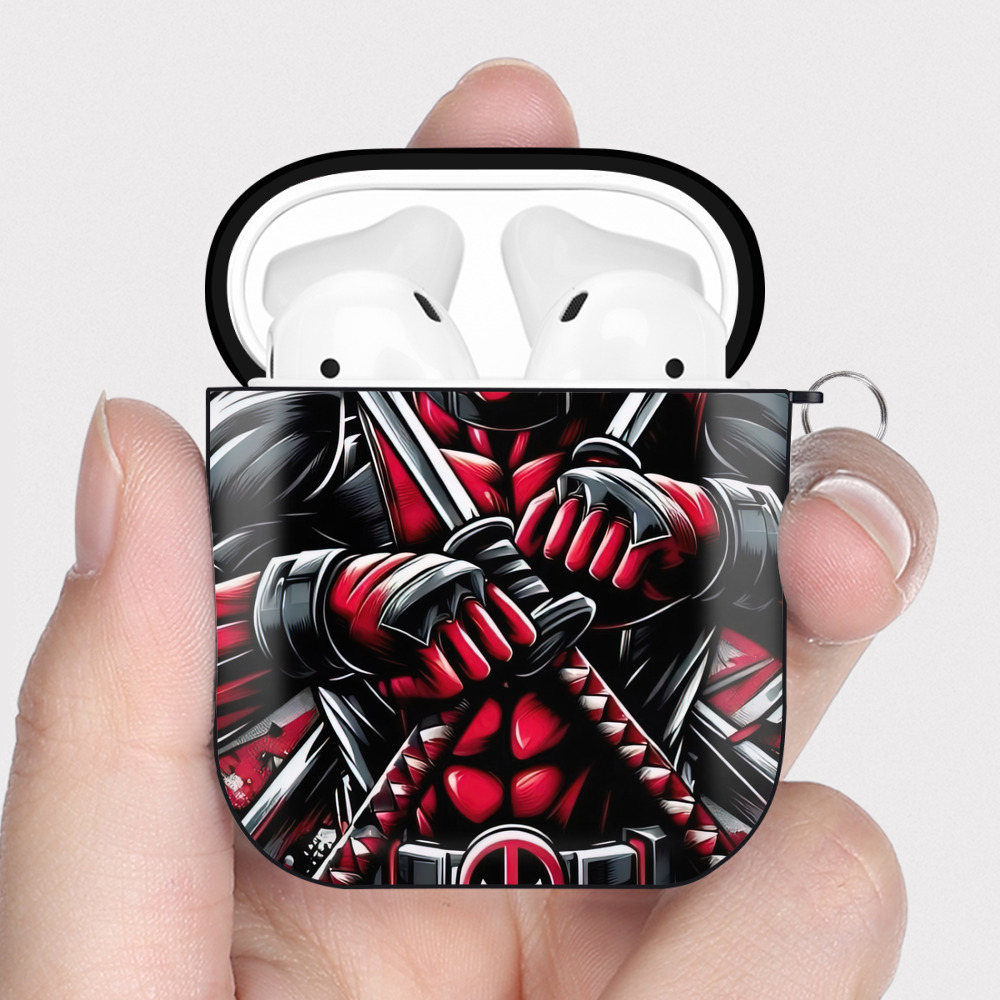 （画像用） Deadpool デッドプール AirPods 第2世代保護ケース ハードシェル ブラック 耐衝撃・防指紋・カラビナ付き