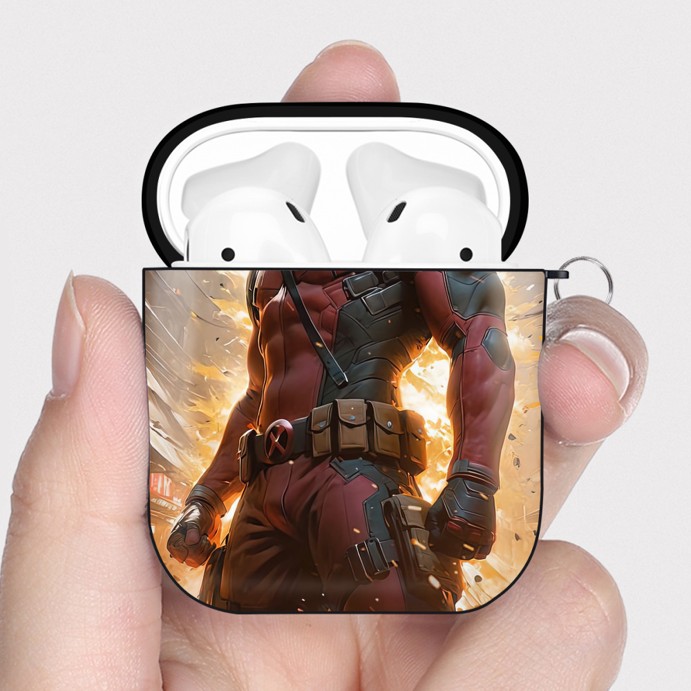 （画像用） Deadpool デッドプール AirPods 第2世代保護ケース ハードシェル ブラック 耐衝撃・防指紋・カラビナ付き